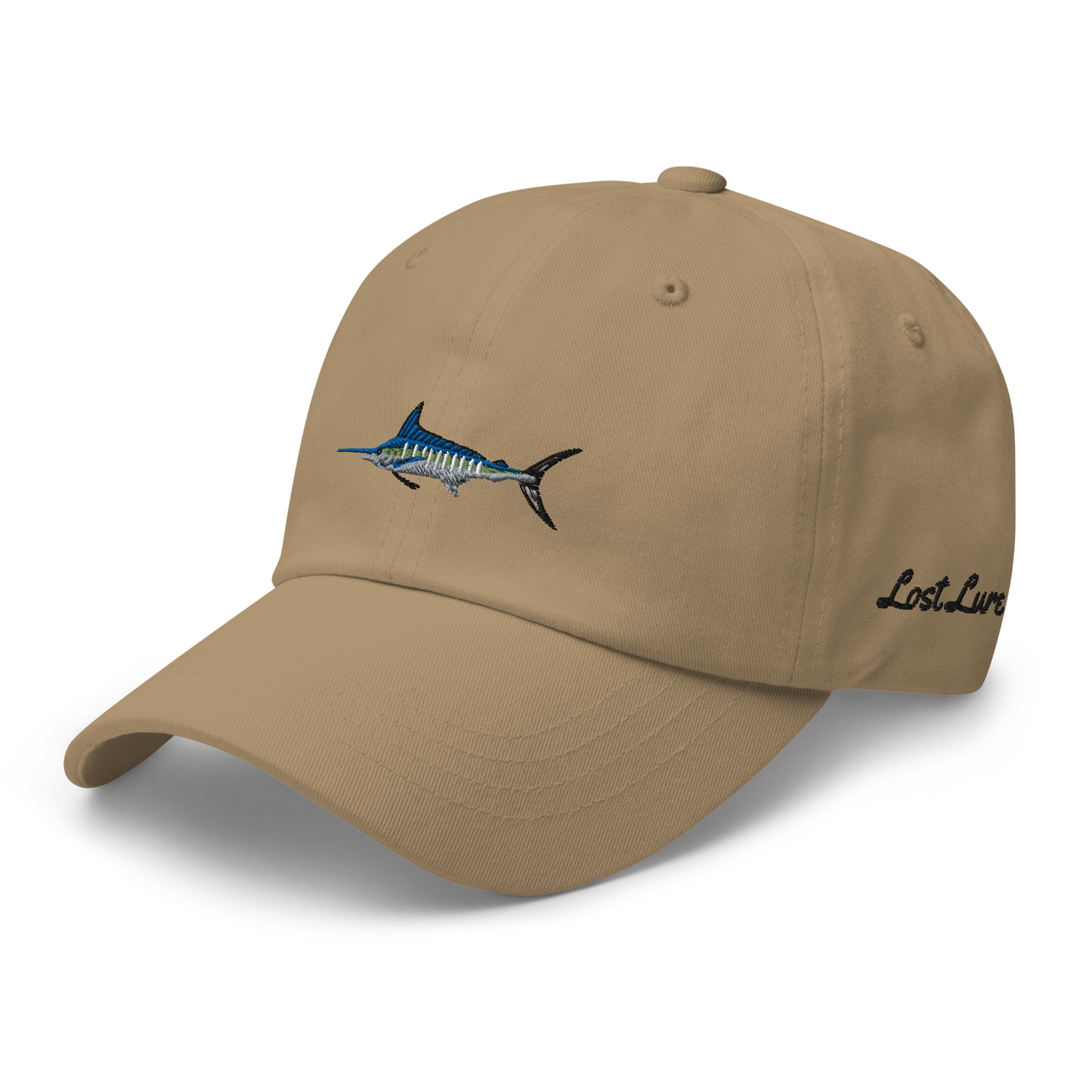 Brown colored Marlin fishing fishing hat. Simple fishing hat/ dad hat with embroidered striped Marlin on the front and lost lure embroidered on the left side and back. Front left side.