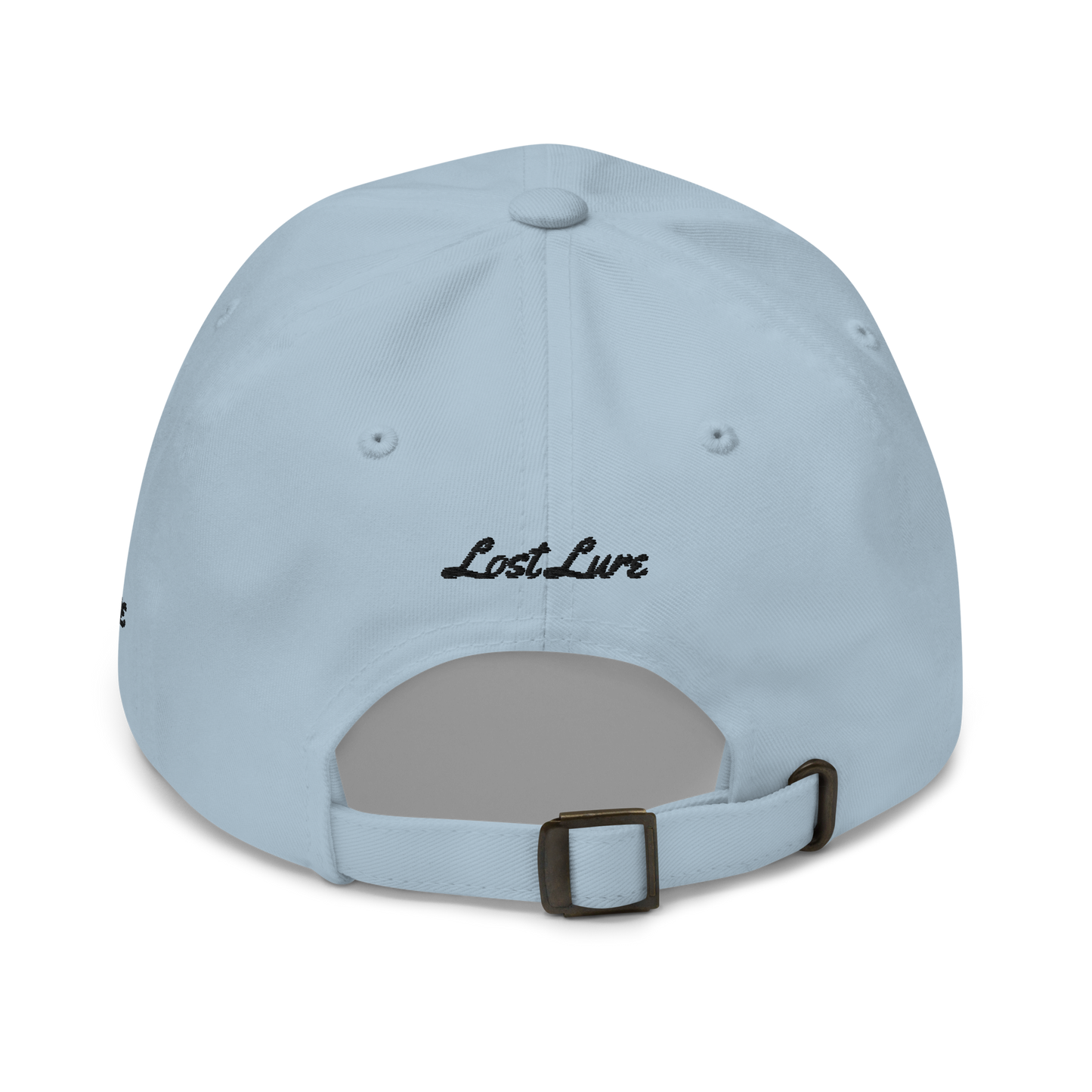 Baby Blue colored Marlin fishing fishing hat. Simple fishing hat/ dad hat with embroidered striped Marlin on the front and lost lure embroidered on the left side and back. Back side