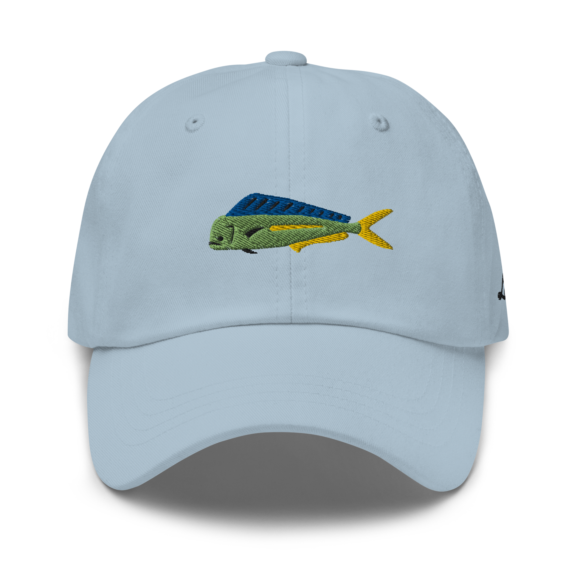 Baby blue  colored Mahi Mahi fishing hat. Simple embroidered fishing hat/ dad hat with a mahi mahi on the front and lost lure on the back and left side. Front view.