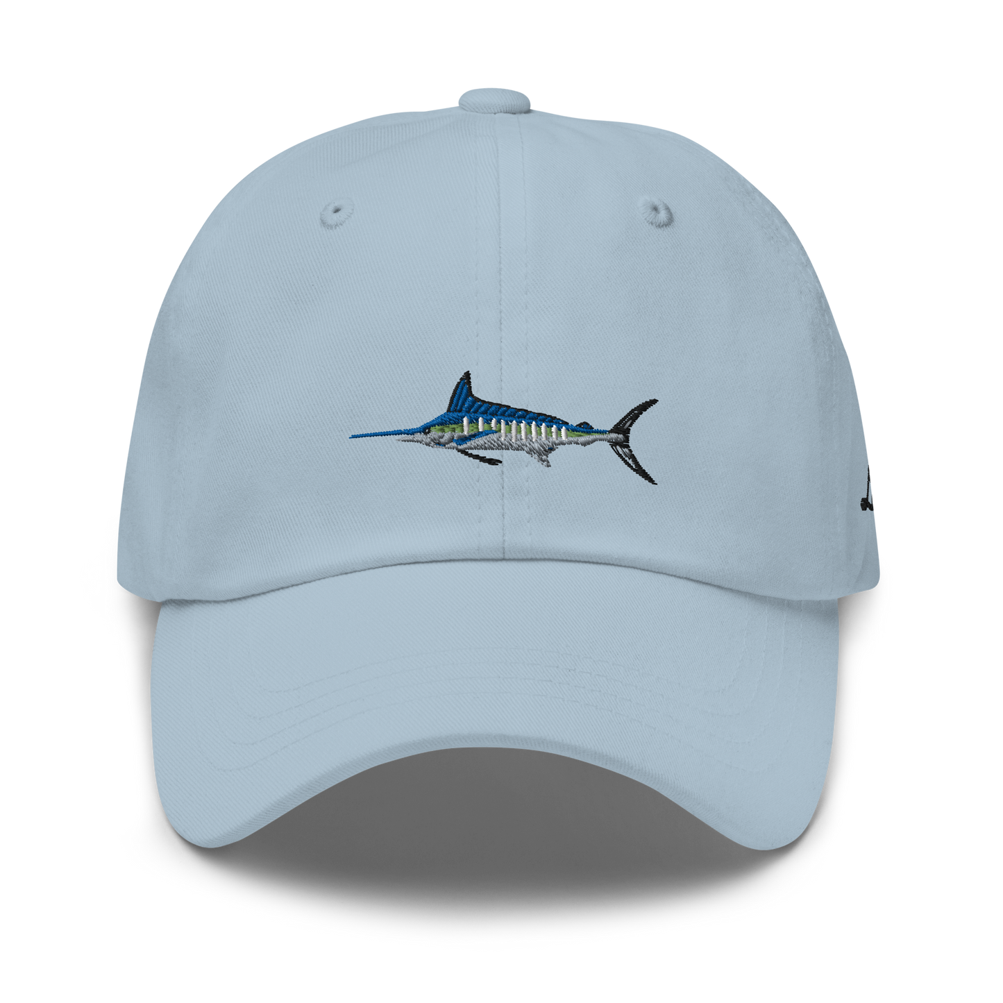 Baby Blue colored Marlin fishing fishing hat. Simple fishing hat/ dad hat with embroidered striped Marlin on the front and lost lure embroidered on the left side and back. Front side.