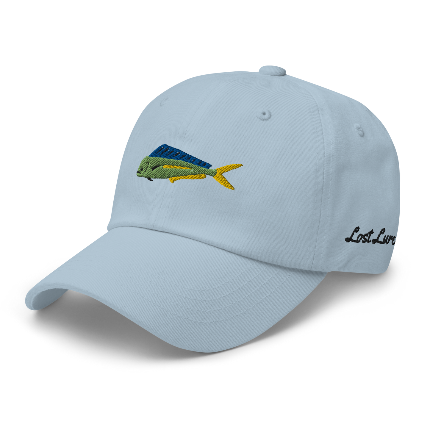 Baby blue colored Mahi Mahi fishing hat. Simple embroidered fishing hat/ dad hat with a mahi mahi on the front and lost lure on the back and left side. Front left view