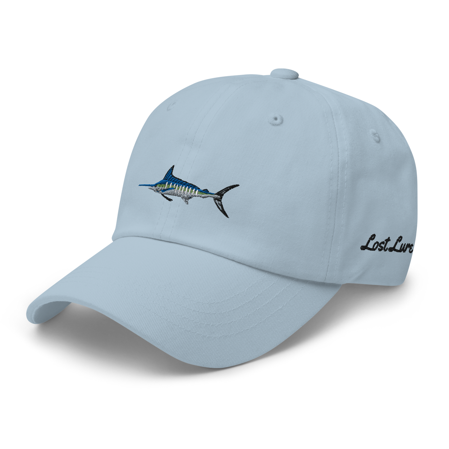 Baby Blue colored Marlin fishing fishing hat. Simple fishing hat/ dad hat with embroidered striped Marlin on the front and lost lure embroidered on the left side and back. Front left side.