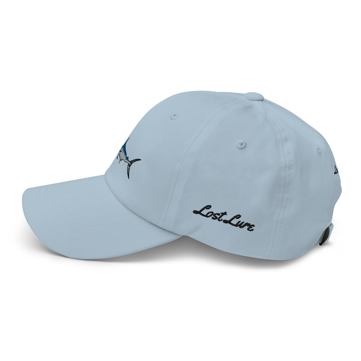 Baby Blue colored Marlin fishing fishing hat. Simple fishing hat/ dad hat with embroidered striped Marlin on the front and lost lure embroidered on the left side and back. Left side view