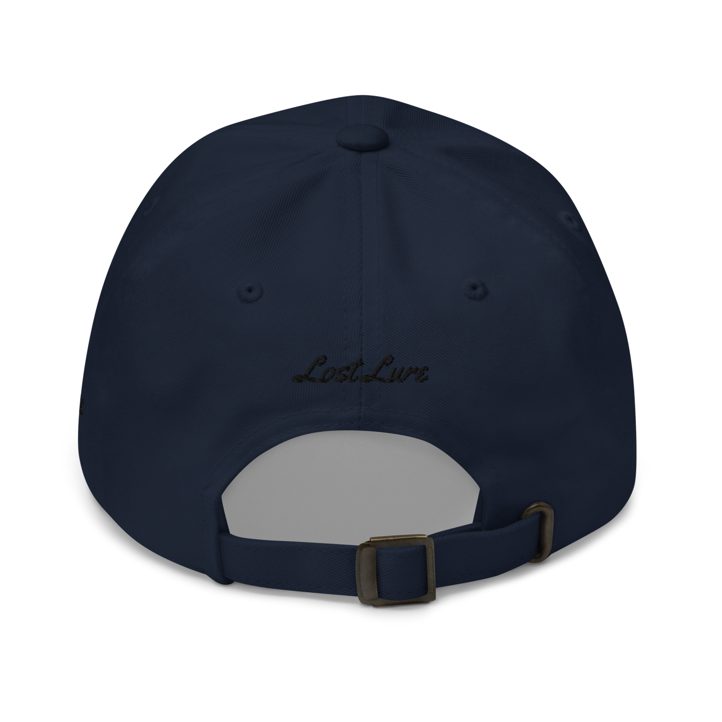 Dark blue colored Marlin fishing fishing hat. Simple fishing hat/ dad hat with embroidered striped Marlin on the front and lost lure embroidered on the left side and back. Back side view
