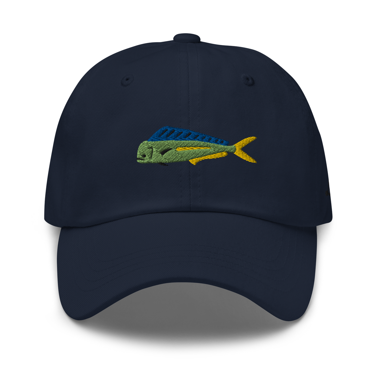 Blue colored Mahi Mahi fishing hat. Simple embroidered fishing hat/ dad hat with a mahi mahi on the front and lost lure on the back and left side. Front side