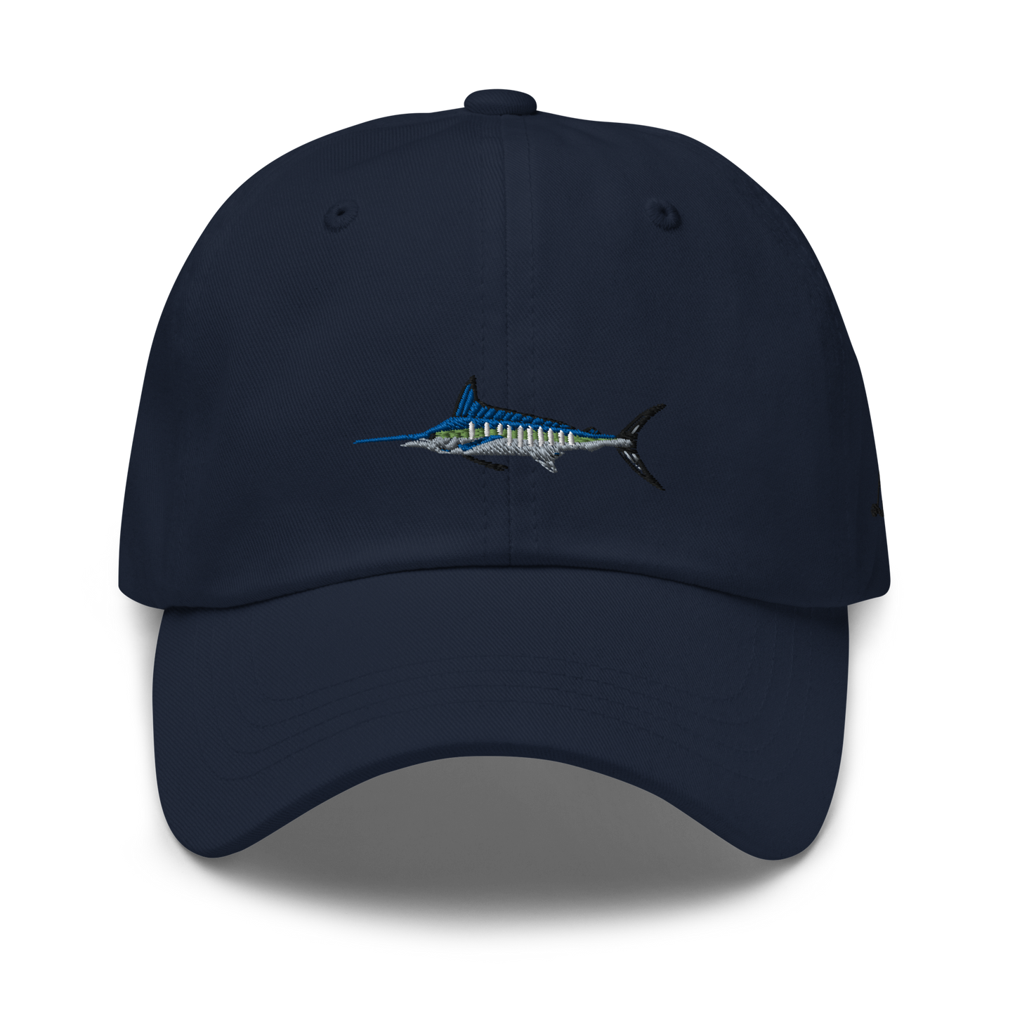 Dark blue colored Marlin fishing fishing hat. Simple fishing hat/ dad hat with embroidered striped Marlin on the front and lost lure embroidered on the left side and back. Front side