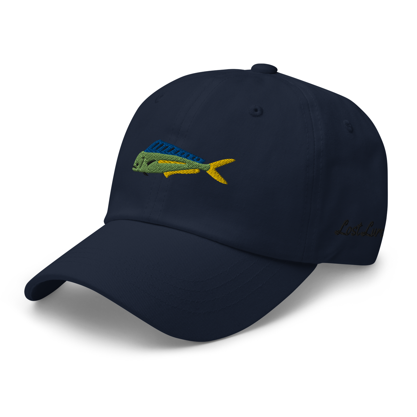 Blue colored Mahi Mahi fishing hat. Simple embroidered fishing hat/ dad hat with a mahi mahi on the front and lost lure on the back and left side. Front left side
