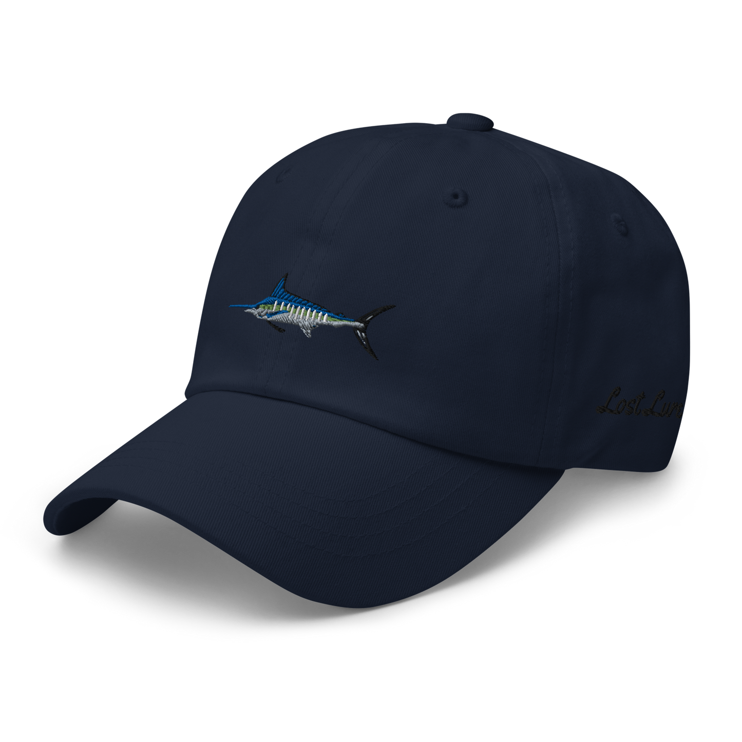 Dark blue colored Marlin fishing fishing hat. Simple fishing hat/ dad hat with embroidered striped Marlin on the front and lost lure embroidered on the left side and back. Front left view