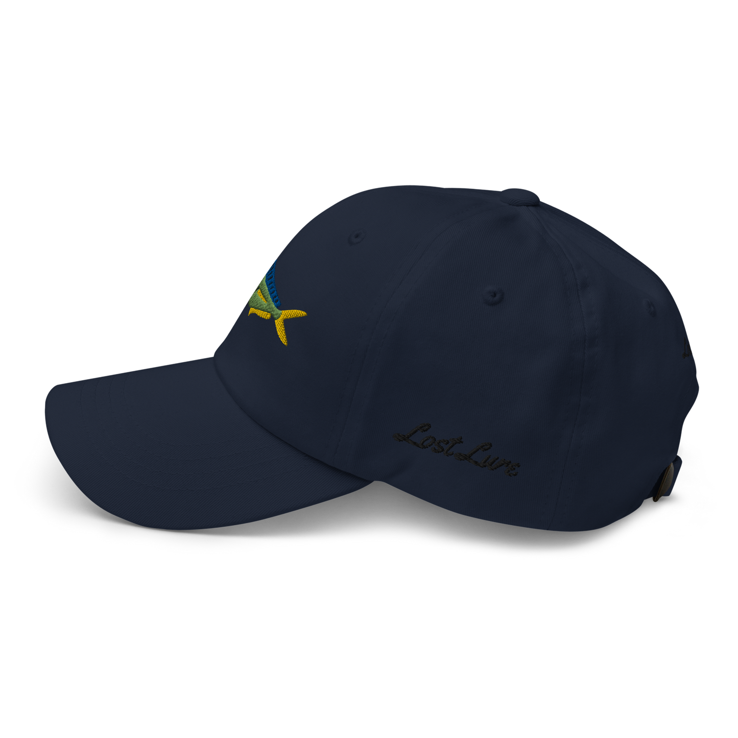 Blue colored Mahi Mahi fishing hat. Simple embroidered fishing hat/ dad hat with a mahi mahi on the front and lost lure on the back and left side. Left side view