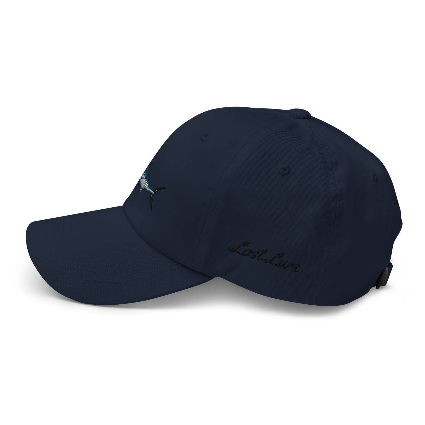 Dark blue colored Marlin fishing fishing hat. Simple fishing hat/ dad hat with embroidered striped Marlin on the front and lost lure embroidered on the left side and back. Left side view