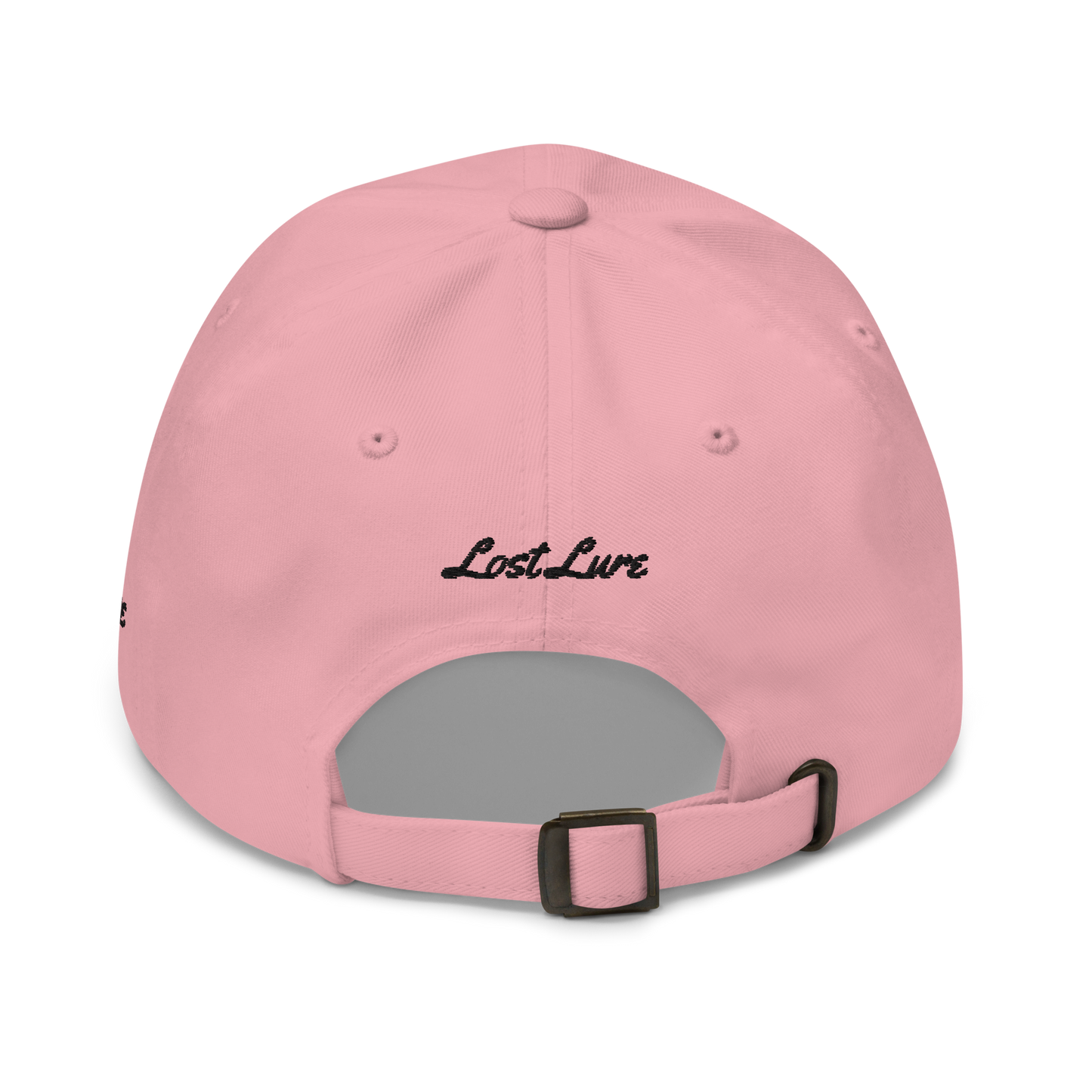 Pink colored Marlin fishing fishing hat. Simple fishing hat/ dad hat with embroidered striped Marlin on the front and lost lure embroidered on the left side and back. Back side view