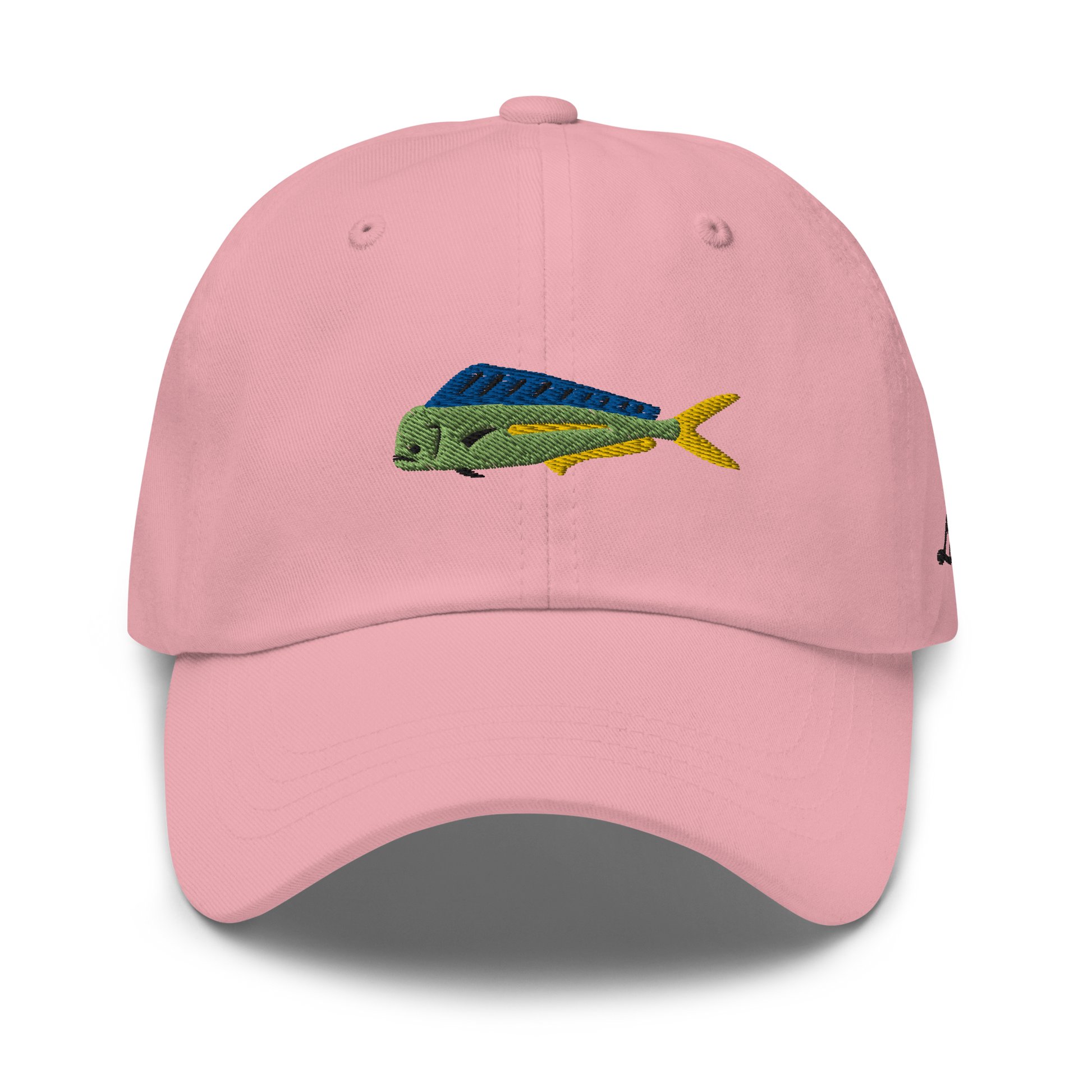 Pink colored Mahi Mahi fishing hat. Simple embroidered fishing hat/ dad hat with a mahi mahi on the front and lost lure on the back and left side. Front side