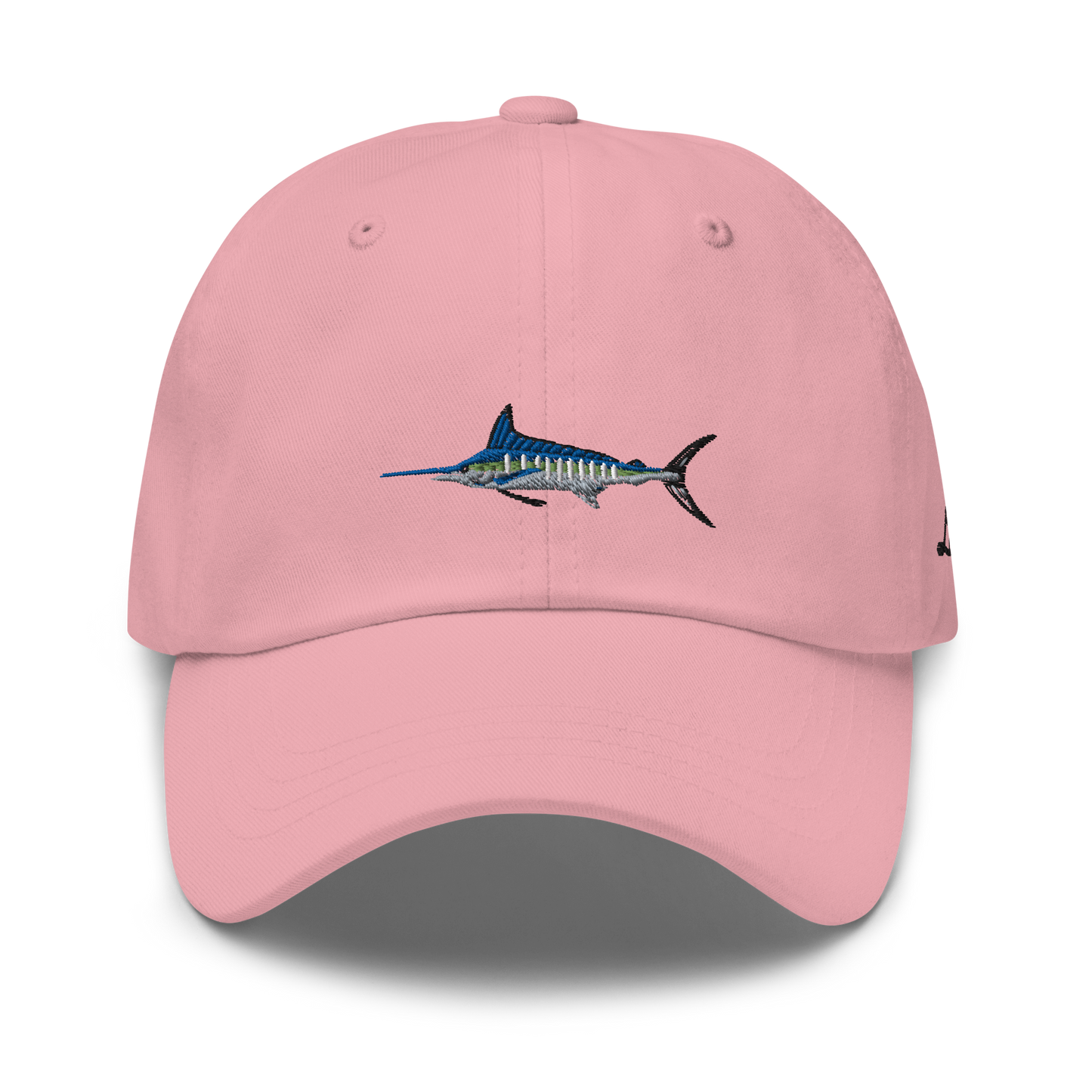 Pink colored Marlin fishing fishing hat. Simple fishing hat/ dad hat with embroidered striped Marlin on the front and lost lure embroidered on the left side and back