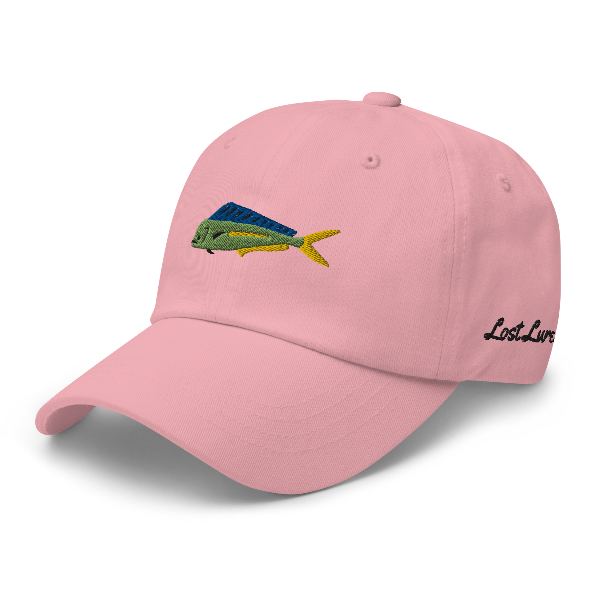 Pink colored Mahi Mahi fishing hat. Simple embroidered fishing hat/ dad hat with a mahi mahi on the front and lost lure on the back and left side. Front left side view.