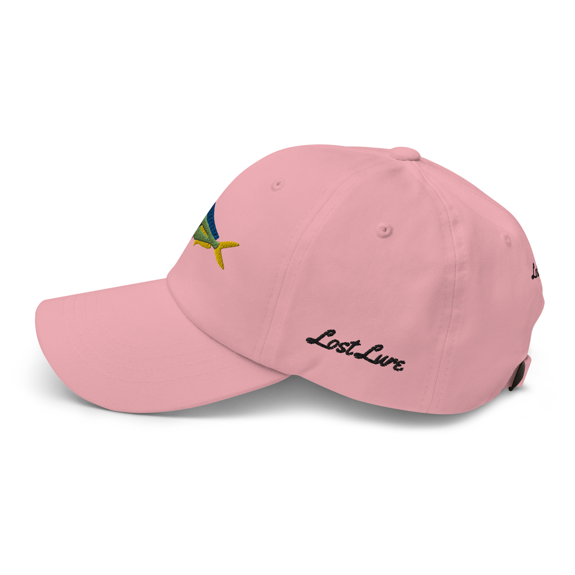 Pink colored Mahi Mahi fishing hat. Simple embroidered fishing hat/ dad hat with a mahi mahi on the front and lost lure on the back and left side. Left side view