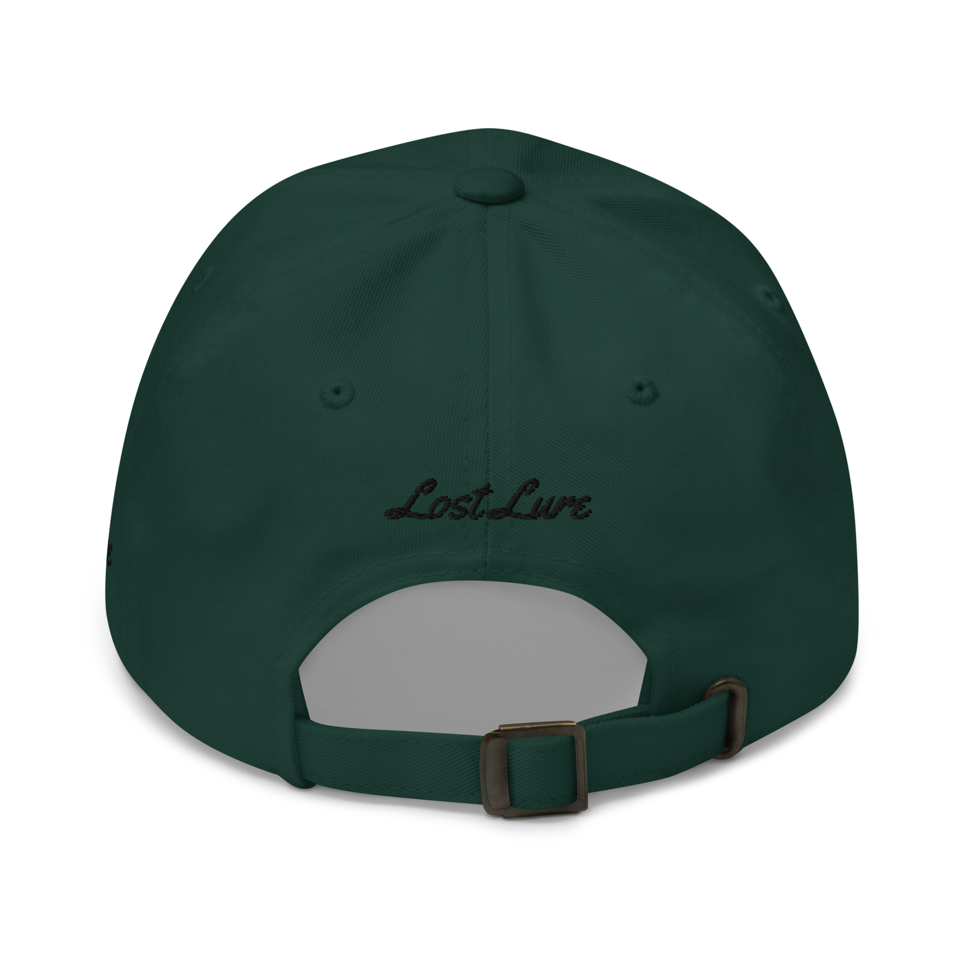 Dark Green colored Mahi Mahi fishing hat. Simple embroidered fishing hat/ dad hat with a mahi mahi on the front and lost lure on the back and left side. Back side