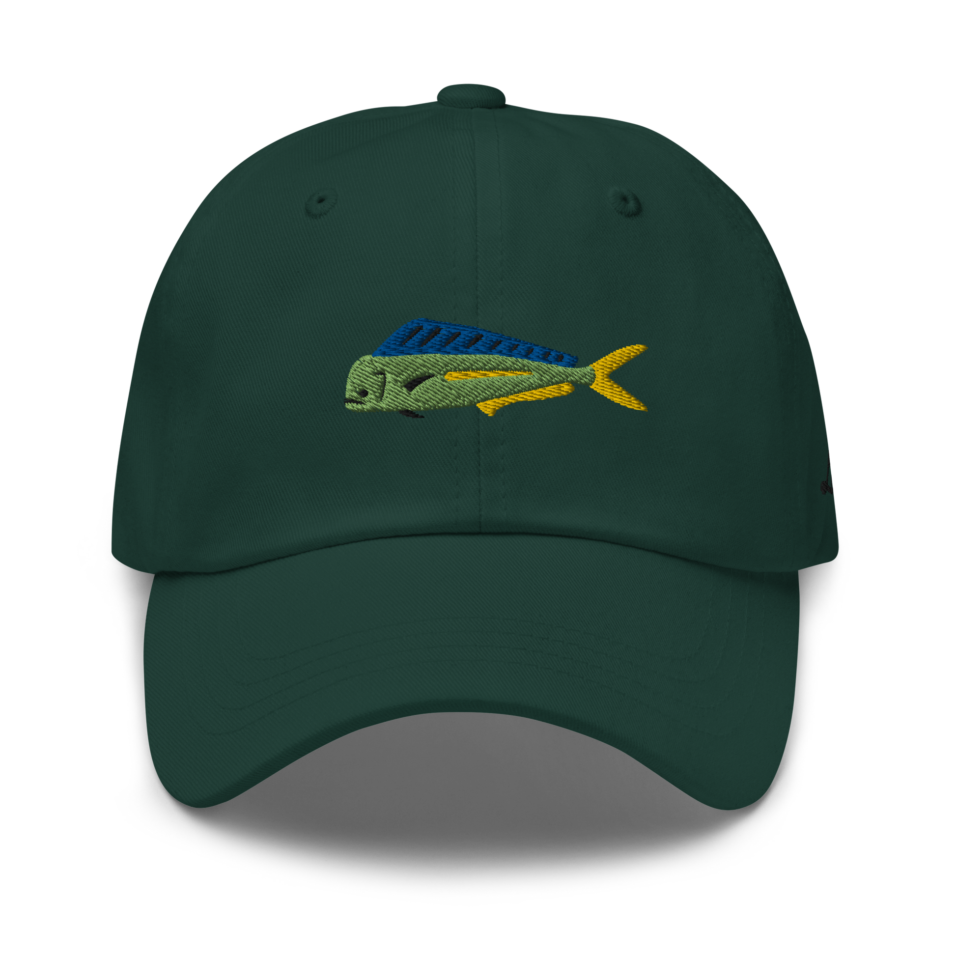 Dark Green colored Mahi Mahi fishing hat. Simple embroidered fishing hat/ dad hat with a mahi mahi on the front and lost lure on the back and left side. Front side