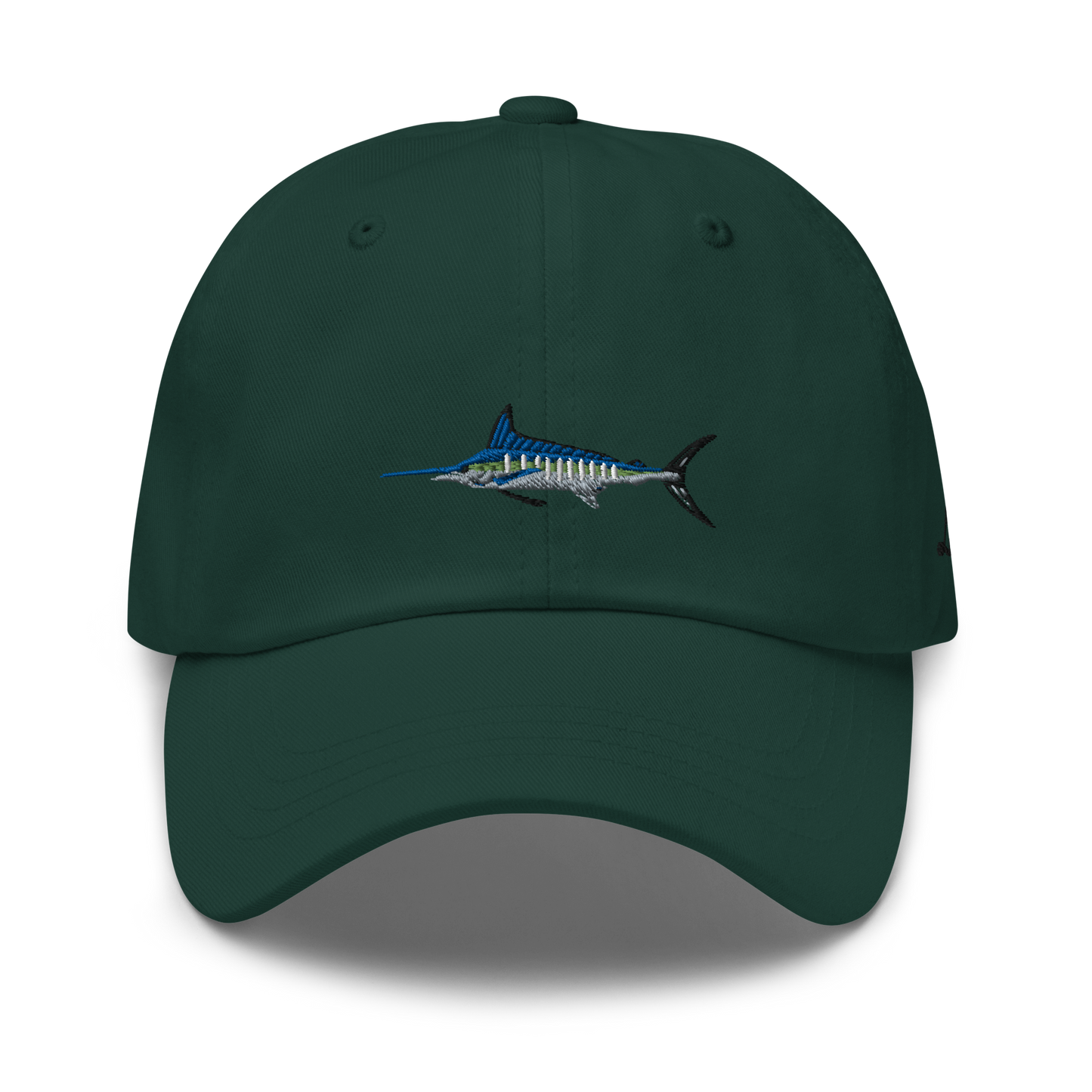 Dark green colored Marlin fishing fishing hat. Simple fishing hat/ dad hat with embroidered striped Marlin on the front and lost lure embroidered on the left side and back. Front side view