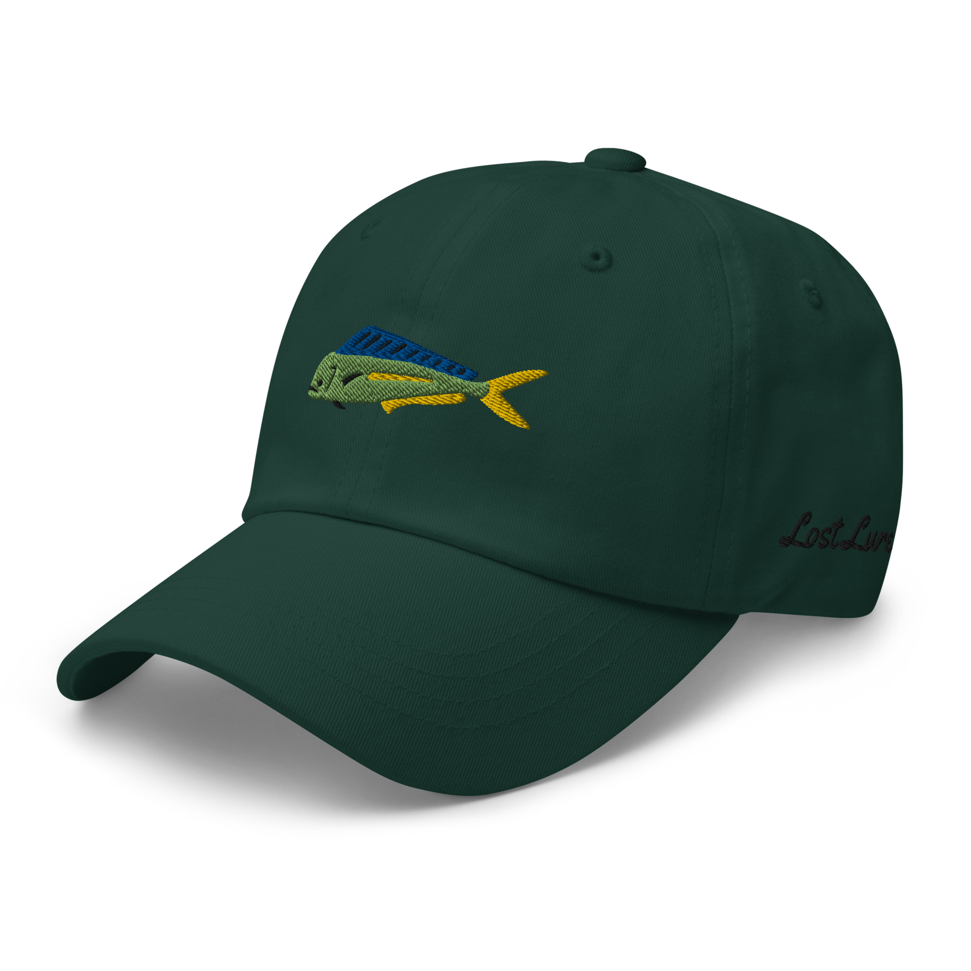 Dark Green colored Mahi Mahi fishing hat. Simple embroidered fishing hat/ dad hat with a mahi mahi on the front and lost lure on the back and left side. Front left side
