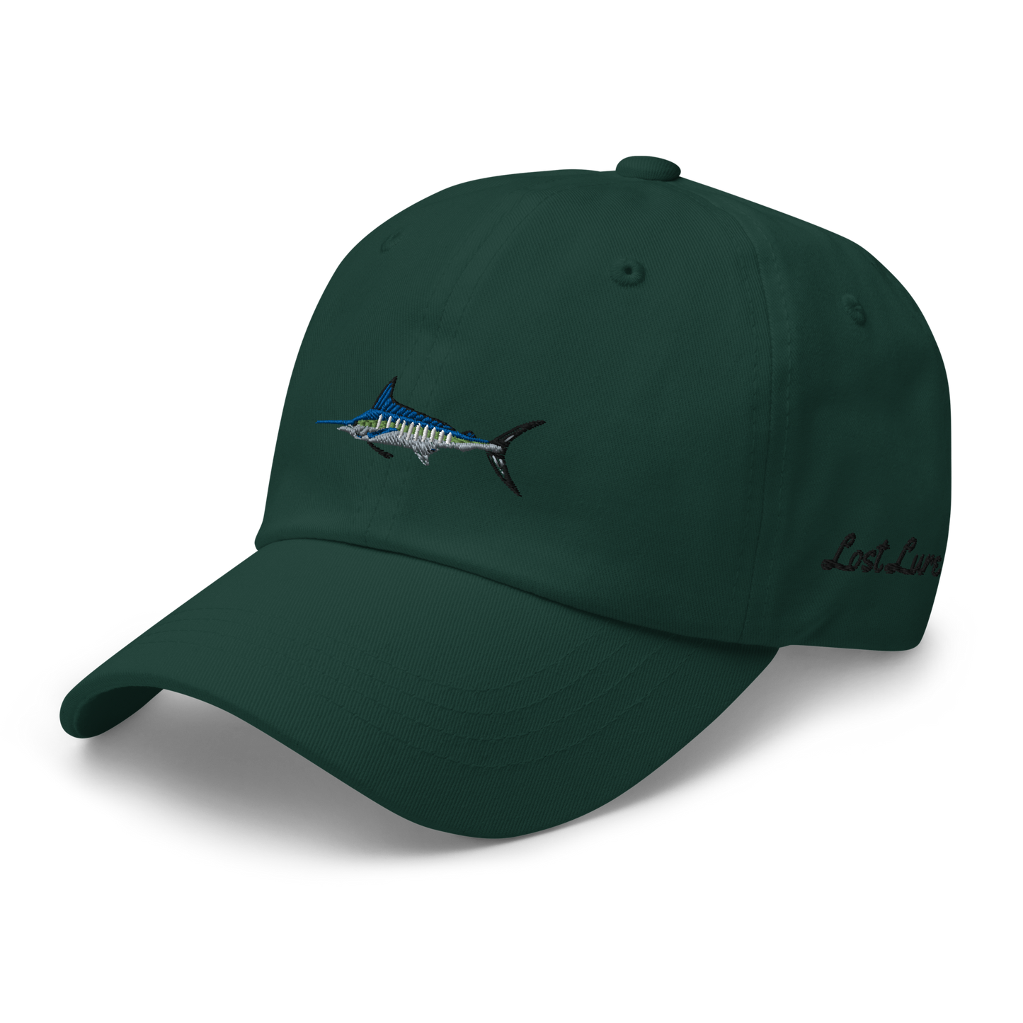Dark green colored Marlin fishing fishing hat. Simple fishing hat/ dad hat with embroidered striped Marlin on the front and lost lure embroidered on the left side and back. Front left side view.