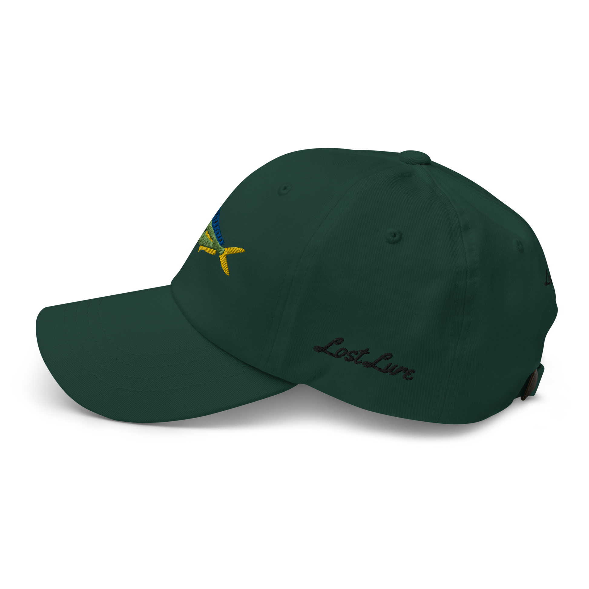 Dark Green colored Mahi Mahi fishing hat. Simple embroidered fishing hat/ dad hat with a mahi mahi on the front and lost lure on the back and left side. Left side view