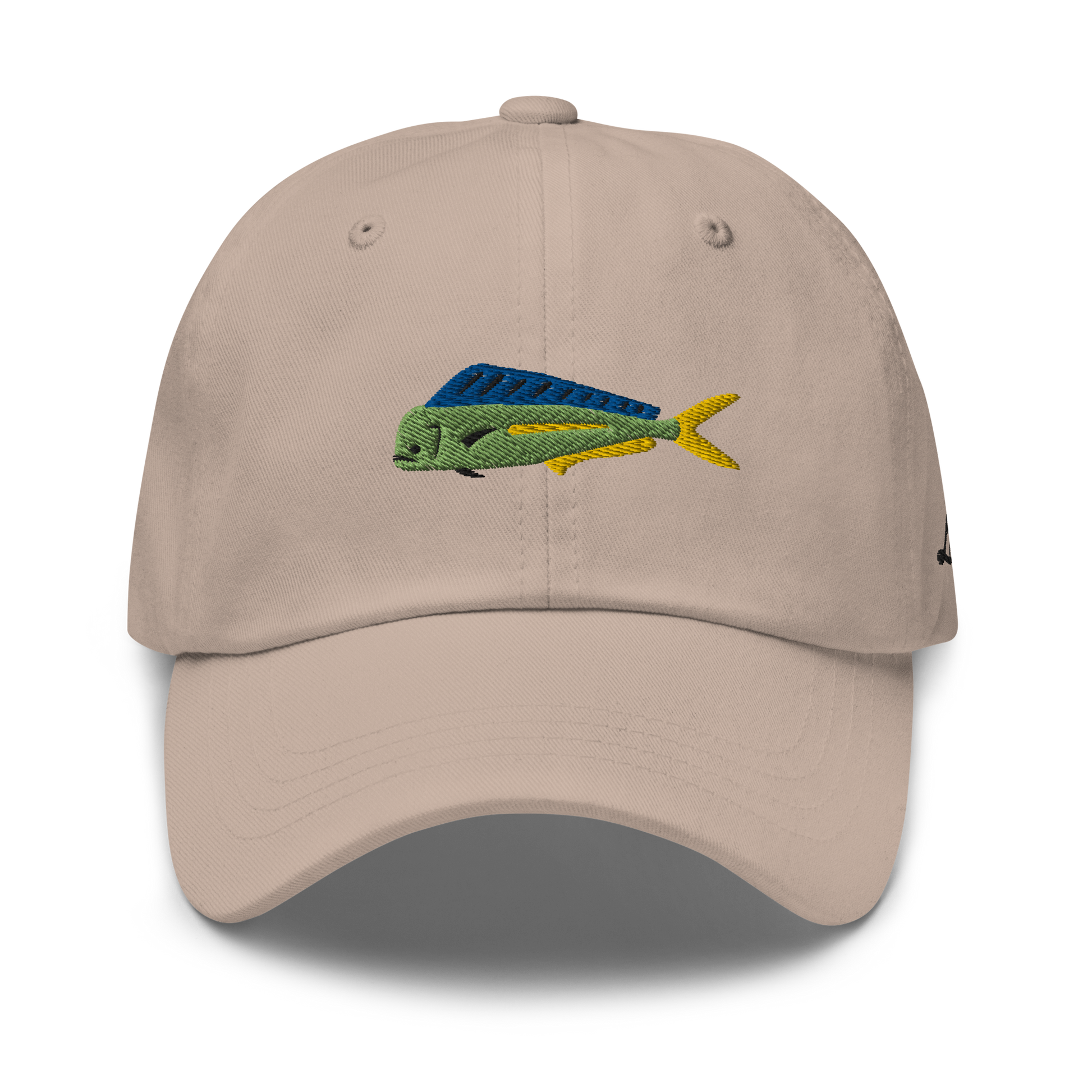 Tan colored Mahi Mahi fishing hat. Simple embroidered fishing hat/ dad hat with a mahi mahi on the front and lost lure on the back and left side. Front side