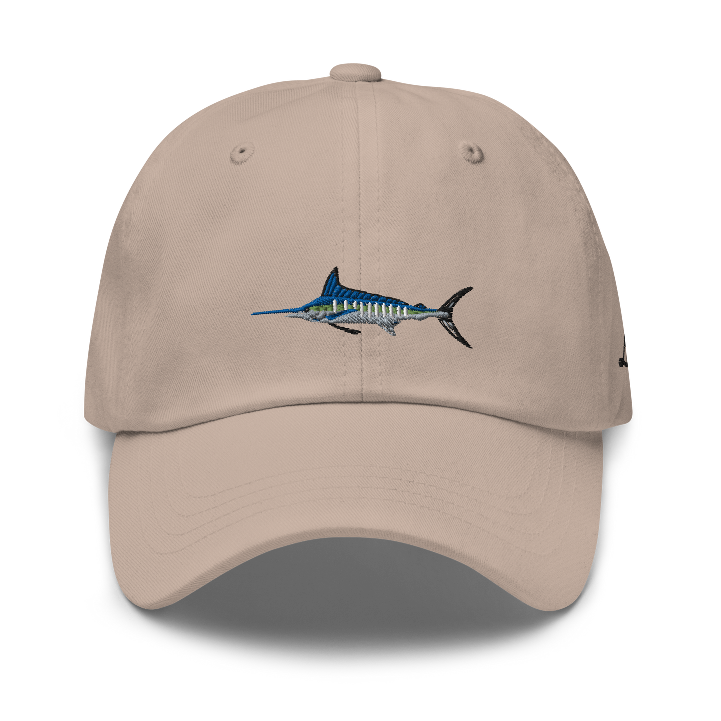 Tan colored Marlin fishing fishing hat. Simple fishing hat/ dad hat with embroidered striped Marlin on the front and lost lure embroidered on the left side and back. Front side