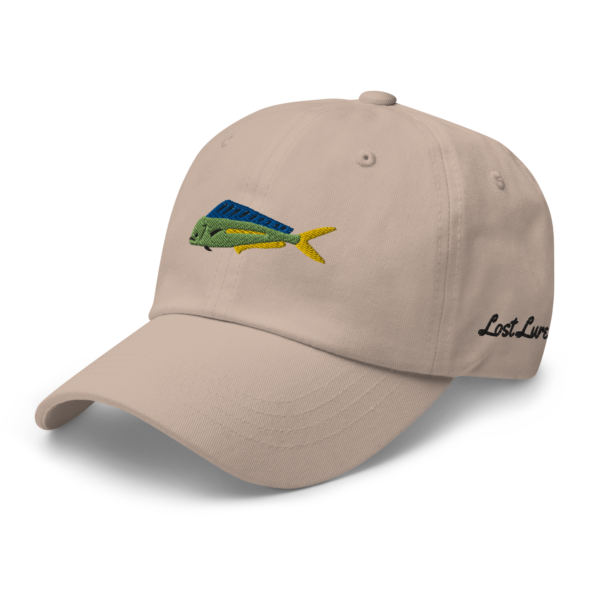 Tan colored Mahi Mahi fishing hat. Simple embroidered fishing hat/ dad hat with a mahi mahi on the front and lost lure on the back and left side. Front left side view
