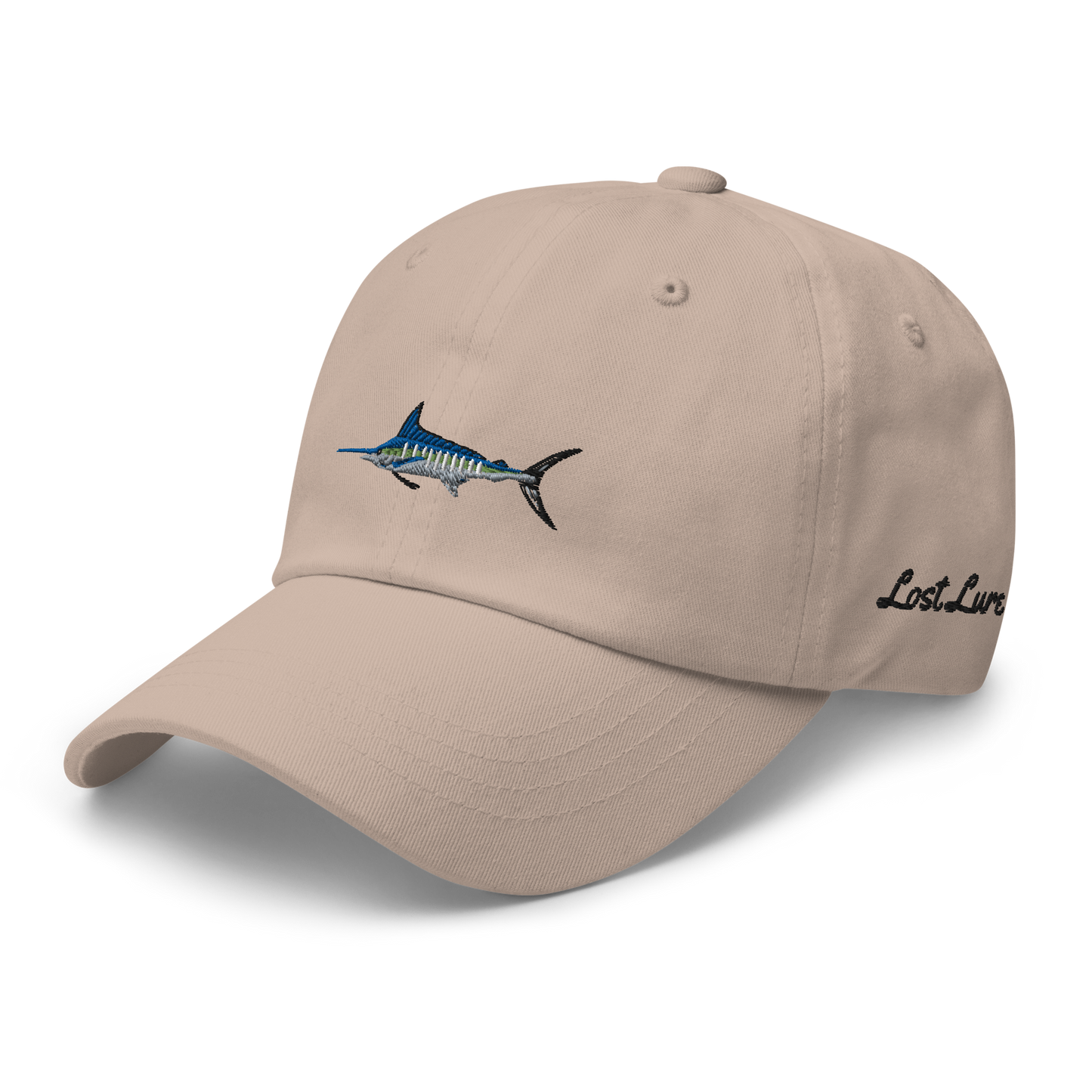 Tan colored Marlin fishing fishing hat. Simple fishing hat/ dad hat with embroidered striped Marlin on the front and lost lure embroidered on the left side and back. Front left side