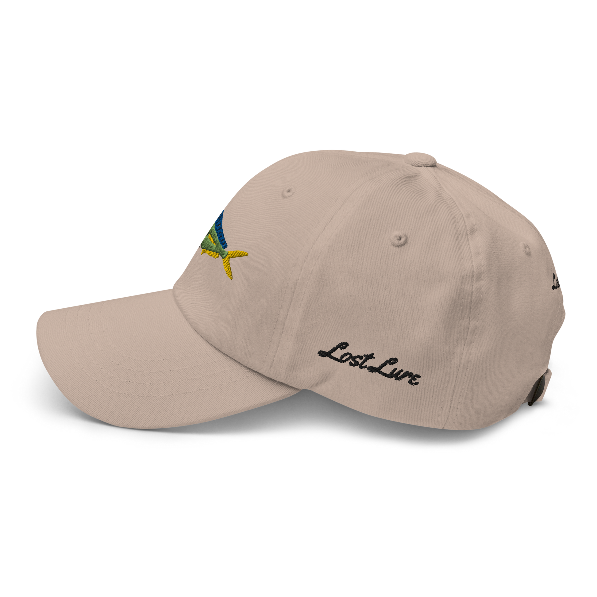 Tan colored Mahi Mahi fishing hat. Simple embroidered fishing hat/ dad hat with a mahi mahi on the front and lost lure on the back and left side. Left side view
