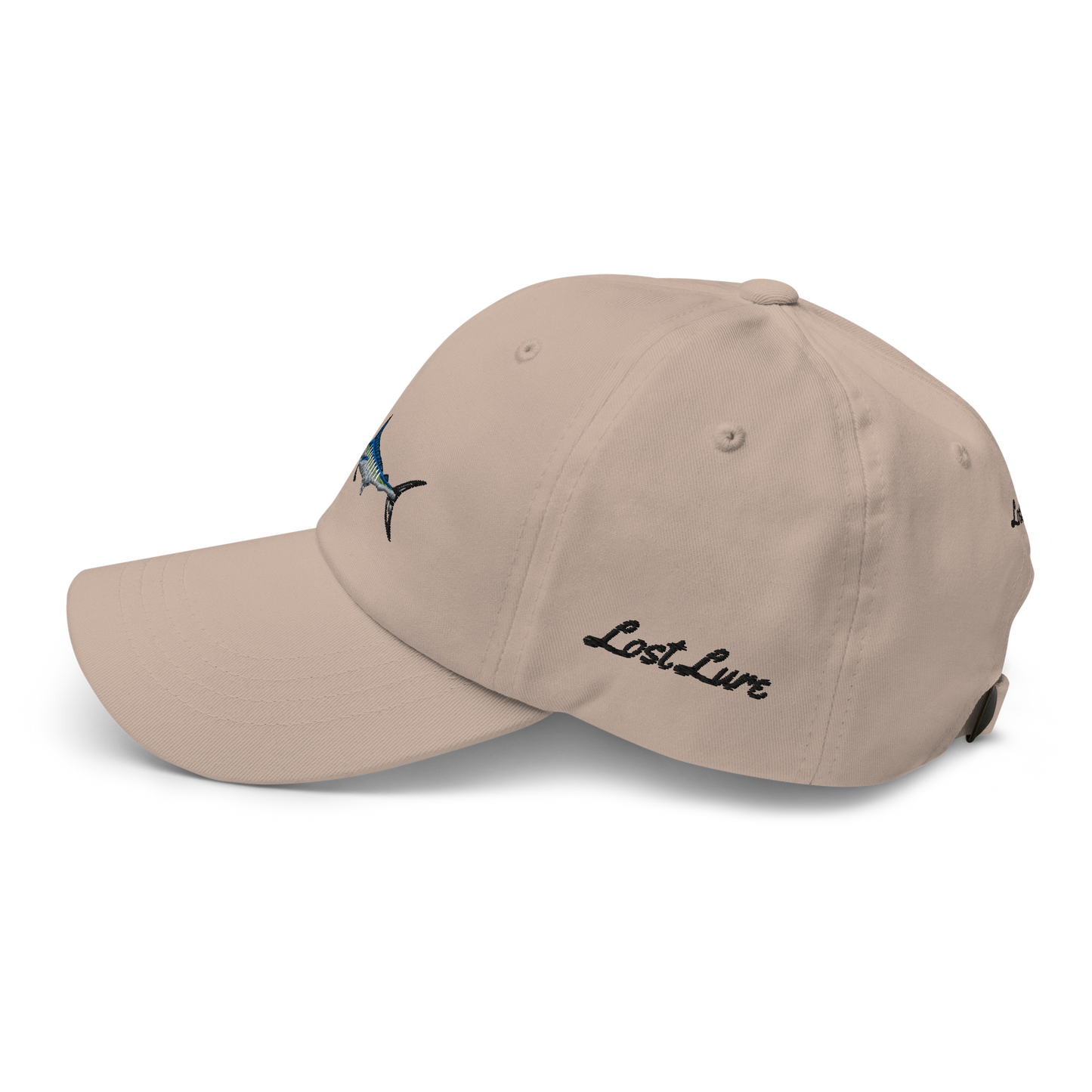Tan colored Marlin fishing fishing hat. Simple fishing hat/ dad hat with embroidered striped Marlin on the front and lost lure embroidered on the left side and back