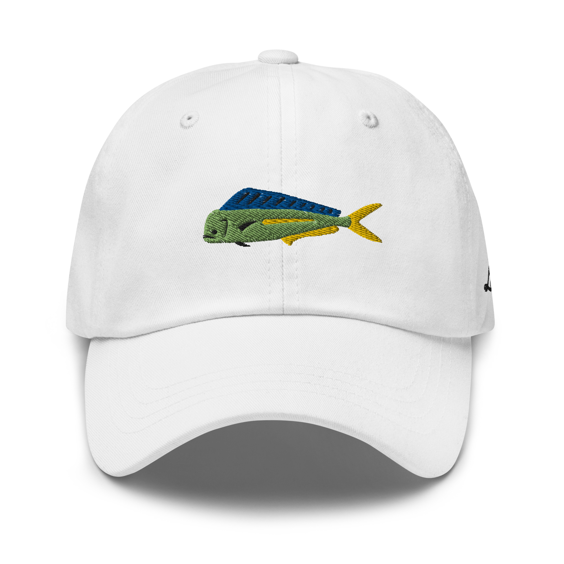 White colored Mahi Mahi fishing hat. Simple embroidered fishing hat/ dad hat with a mahi mahi on the front and lost lure on the back and left side. Front view