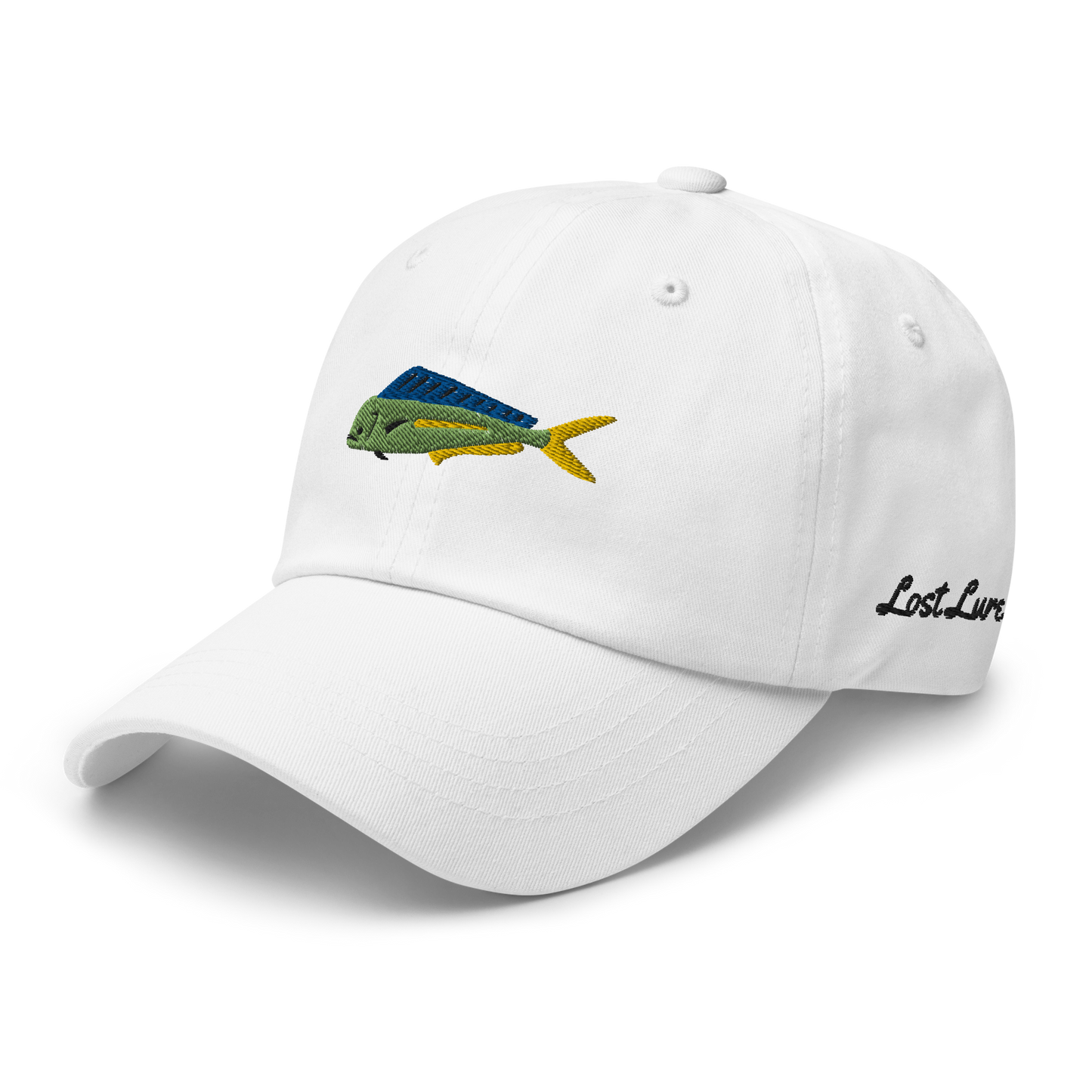 White colored Mahi Mahi fishing hat. Simple embroidered fishing hat/ dad hat with a mahi mahi on the front and lost lure on the back and left side. Front left view.
