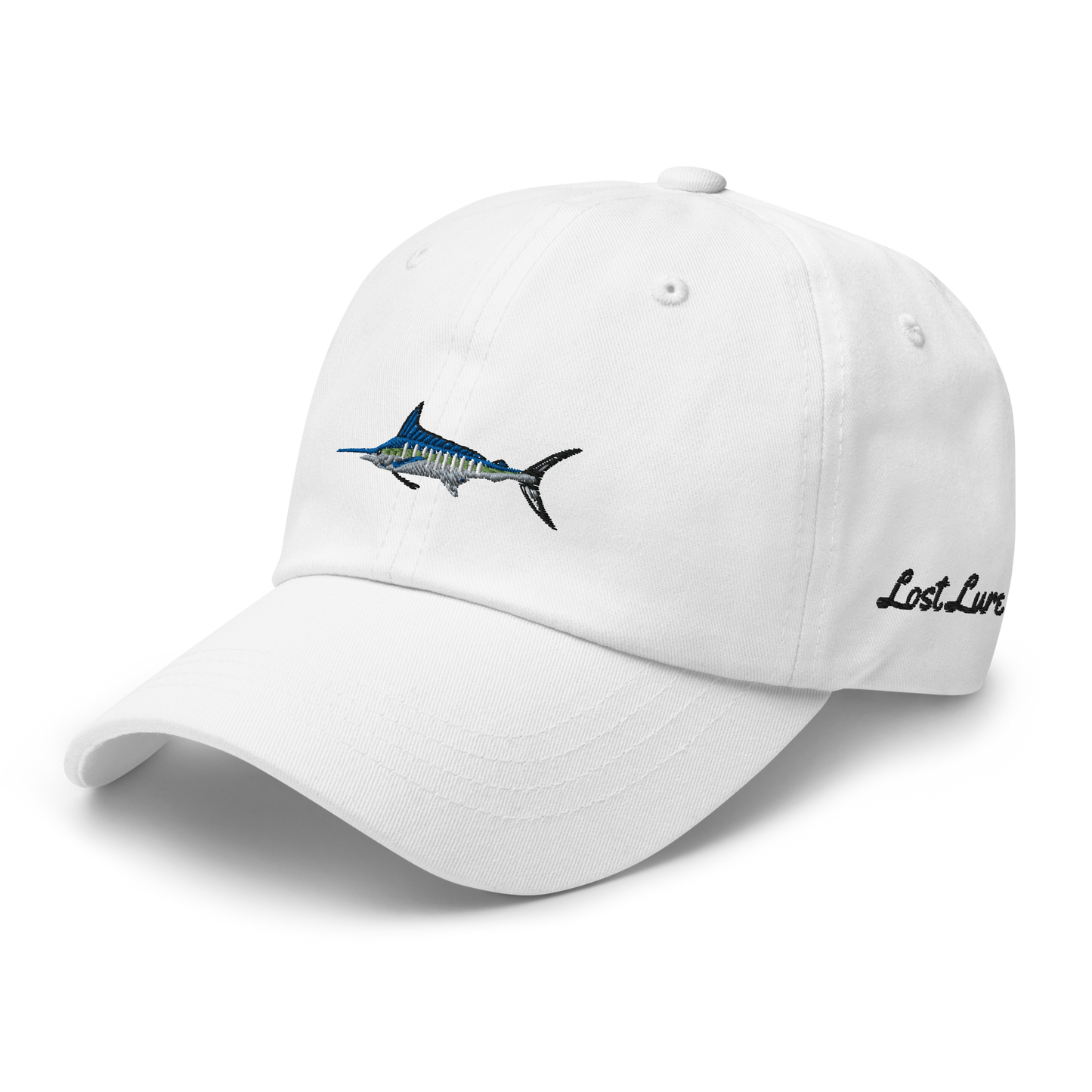 White colored Marlin fishing fishing hat. Simple fishing hat/ dad hat with embroidered striped Marlin on the front and lost lure embroidered on the left side and back. Front left side