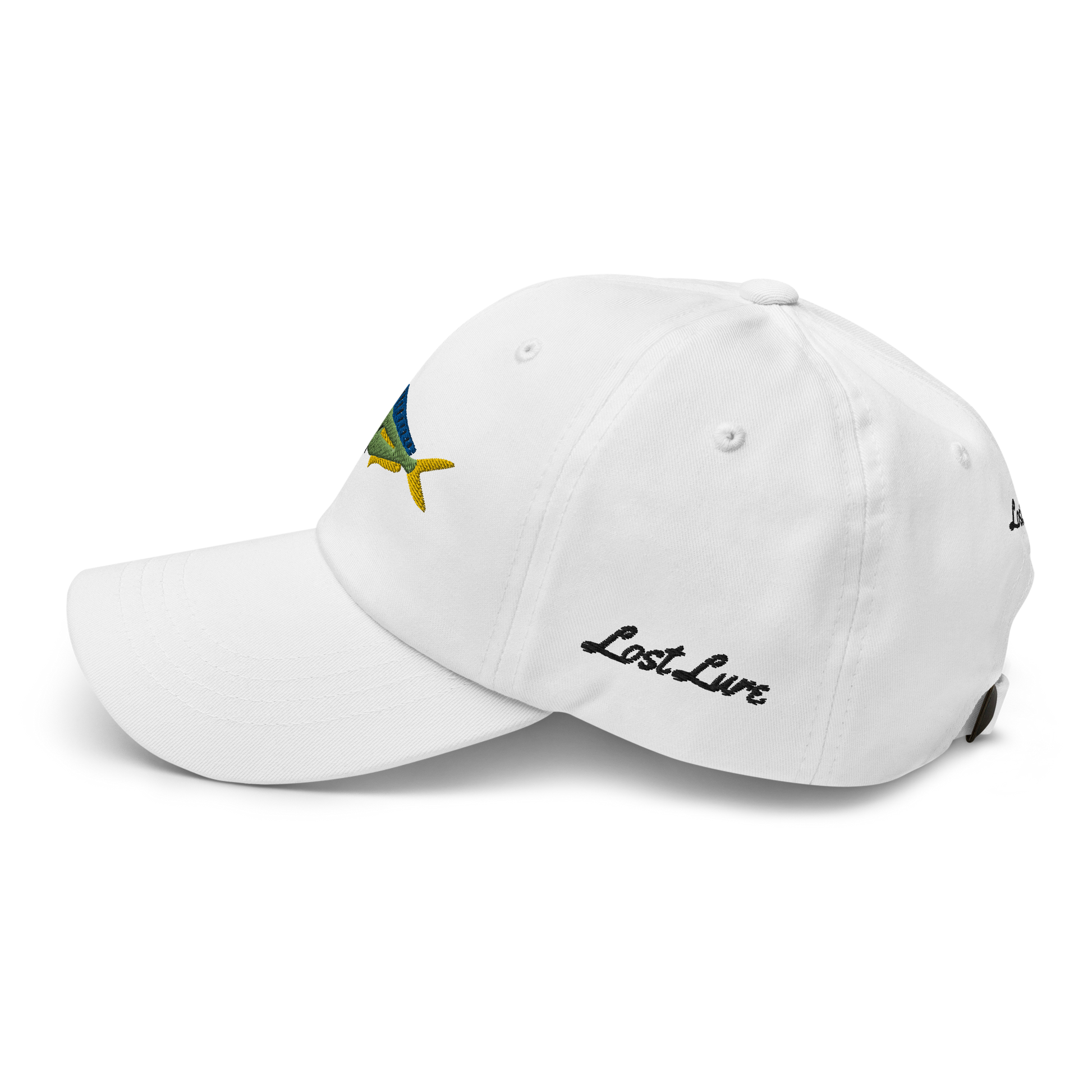 White colored Mahi Mahi fishing hat. Simple embroidered fishing hat/ dad hat with a mahi mahi on the front and lost lure on the back and left side. Left side view.