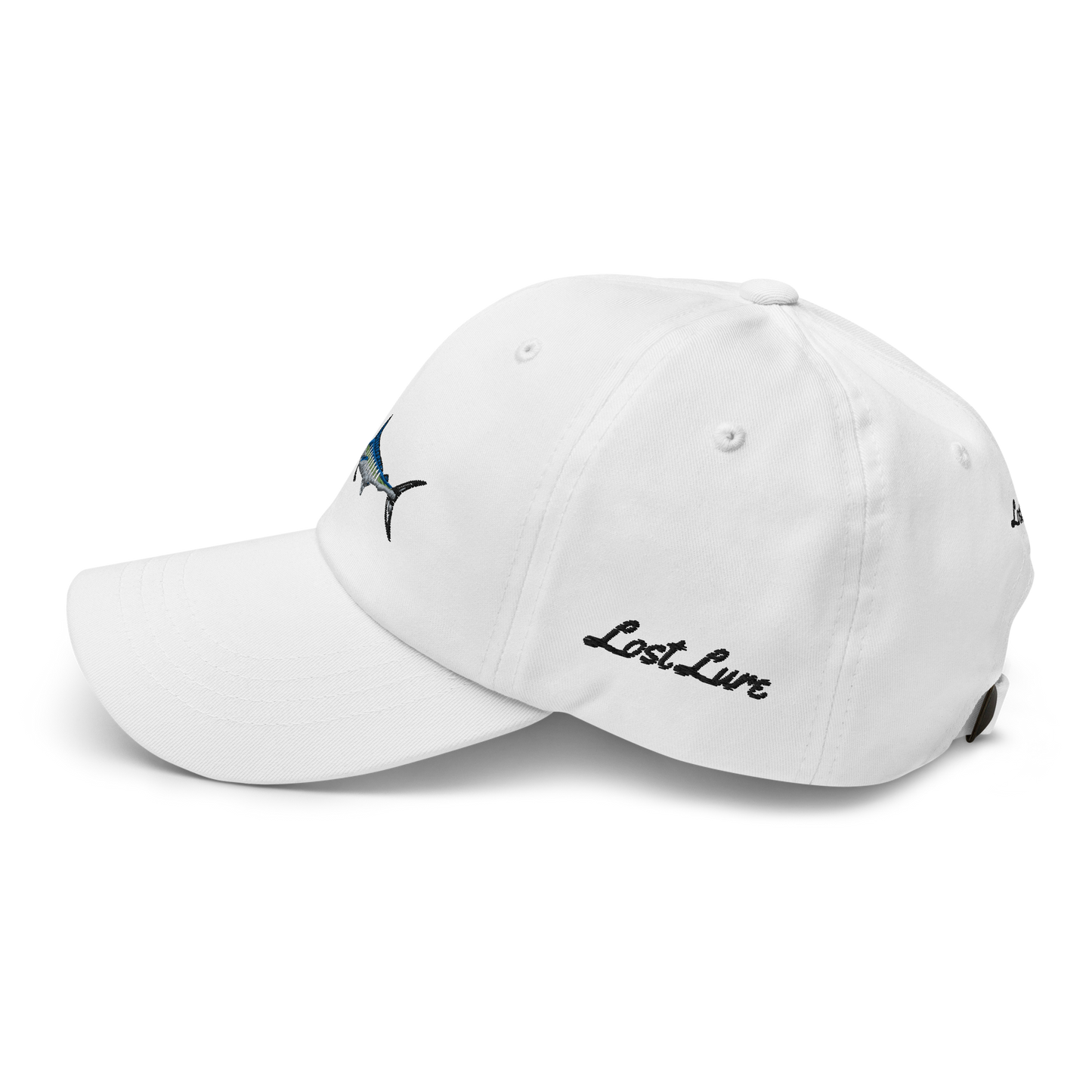 White colored Marlin fishing fishing hat. Simple fishing hat/ dad hat with embroidered striped Marlin on the front and lost lure embroidered on the left side and back. Left side view