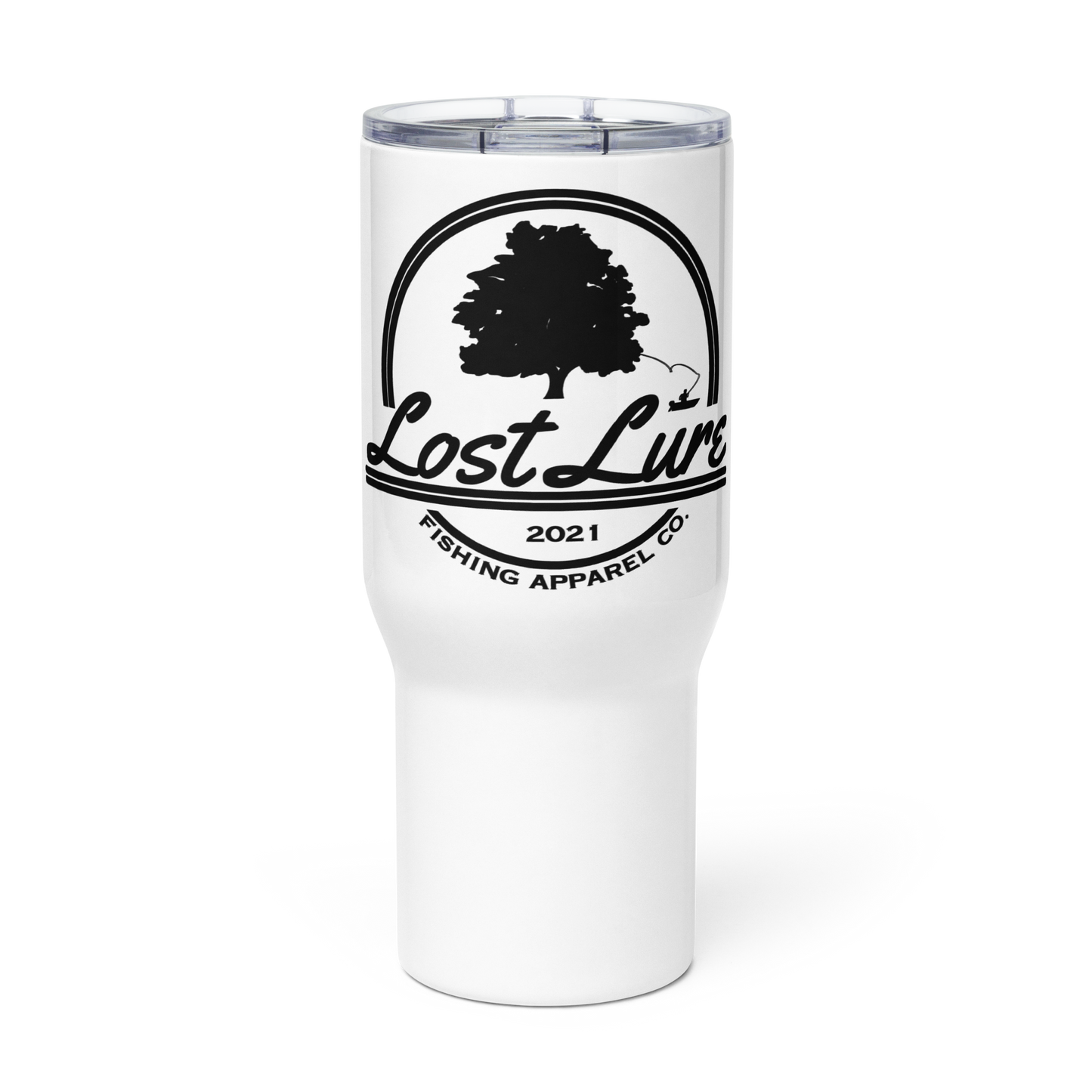 White Fishing travel mug with Lost Lure logo. Front view