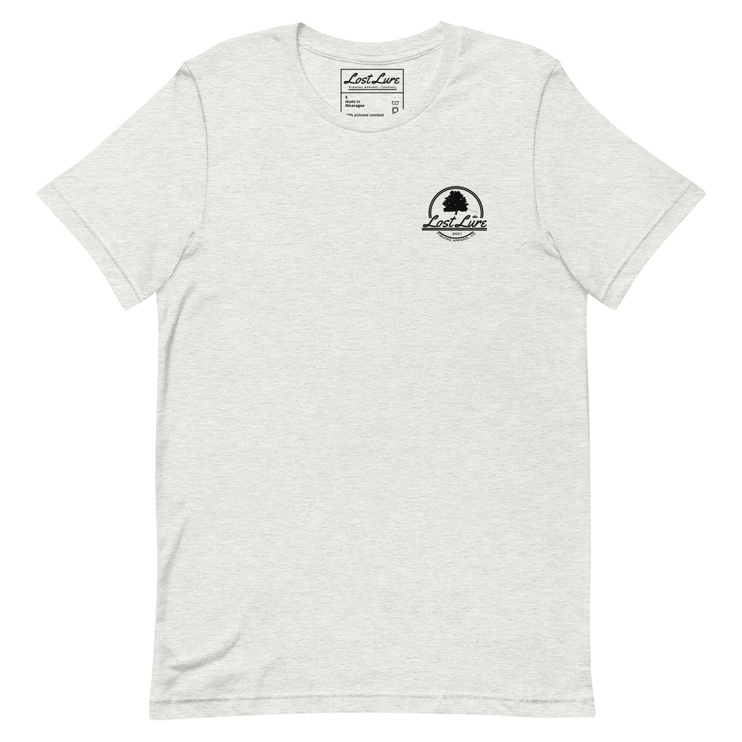Cutthroat Trout fishing shirt. It’s an American traditional style design with a cutthroat trout and a dagger. The shirt reads Cutthroat trout, est. 2021, lost lure fishing apparel company. The front of the shirt has the lost lure logo. Ash colored fishing shirt, front side