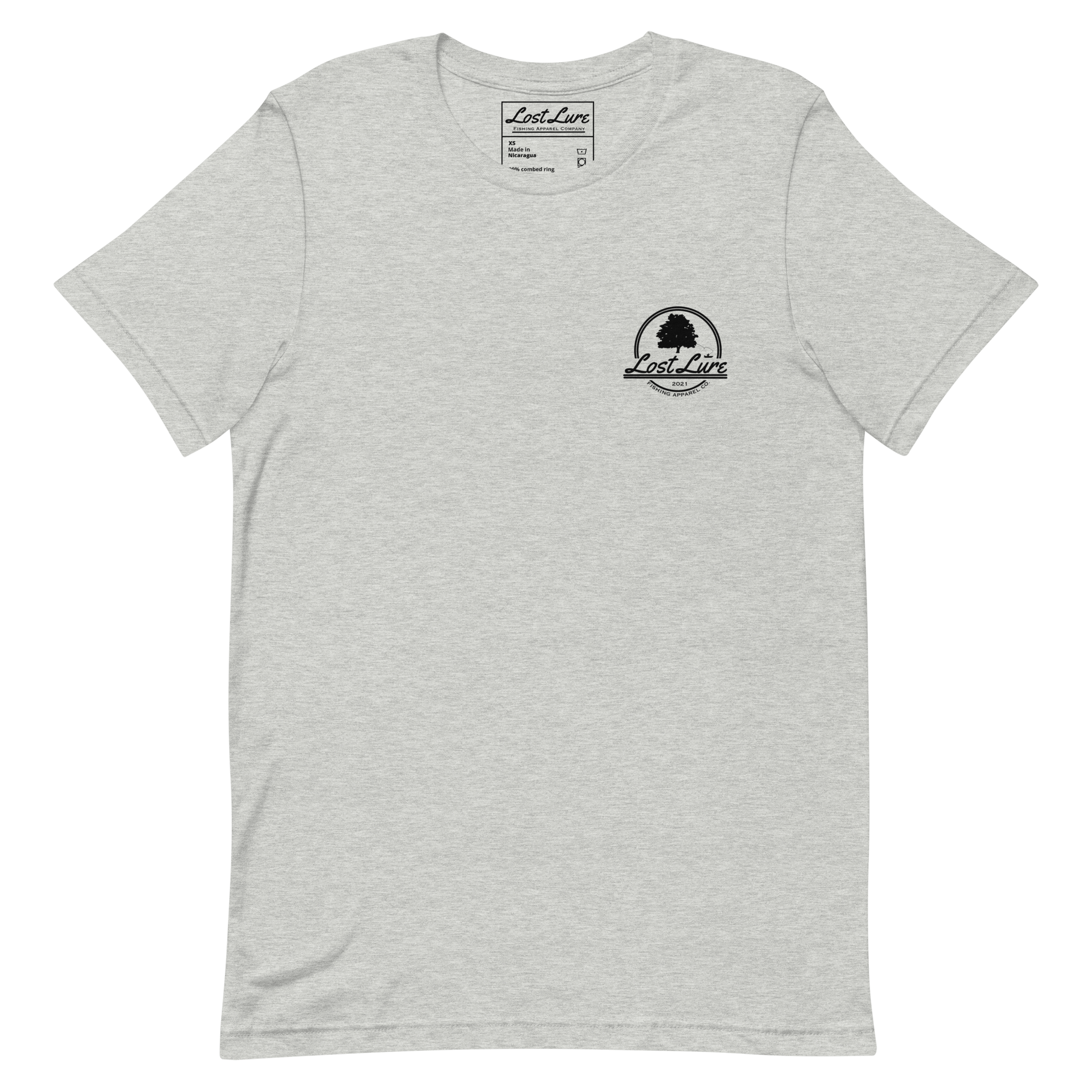 Bass fishing shirt. It has a drawing of a fat bass and it reads “lost lure co, catch fat fish”. The bass design is on the back, the lost lure logo is on the front. Light gray shirt, front side