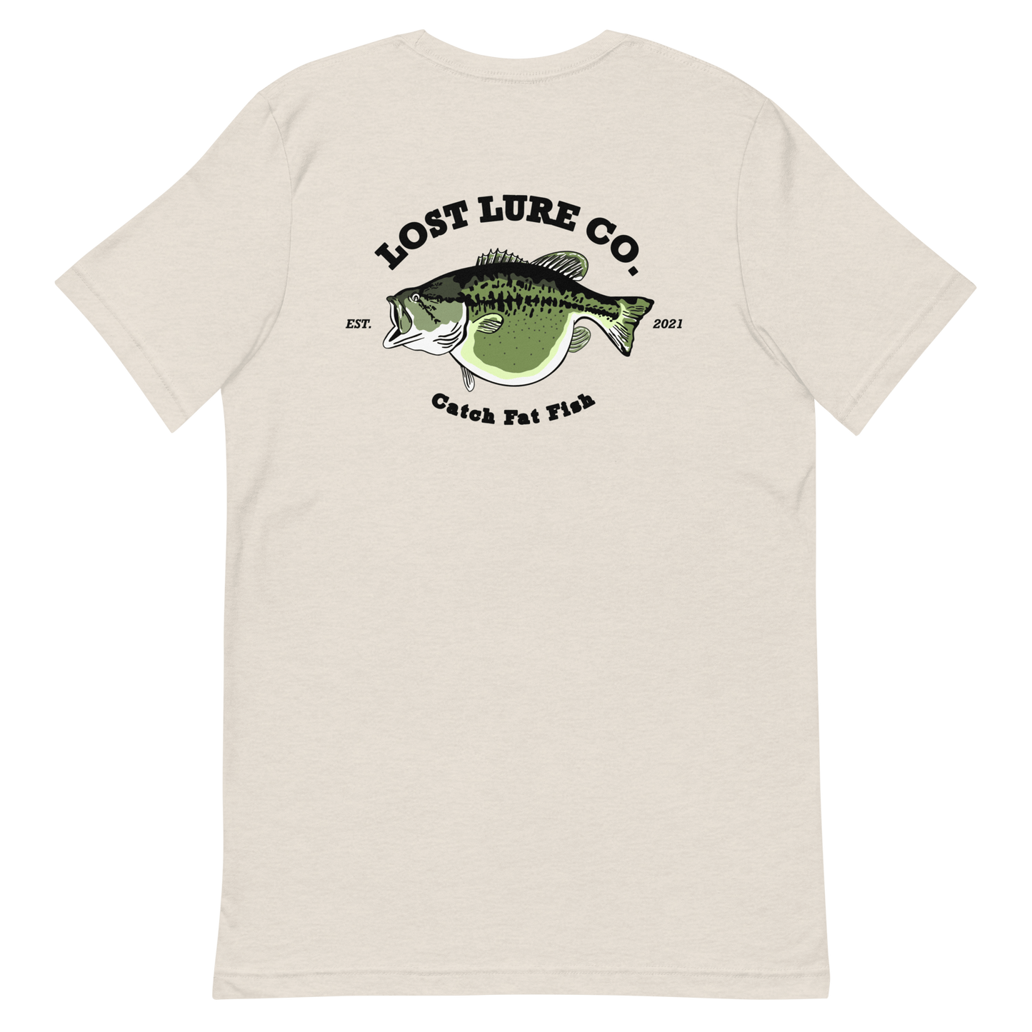 Bass fishing shirt. It has a drawing of a fat bass and it reads “lost lure co, catch fat fish”. The bass design is on the back, the lost lure logo is on the front. Tan shirt, back side