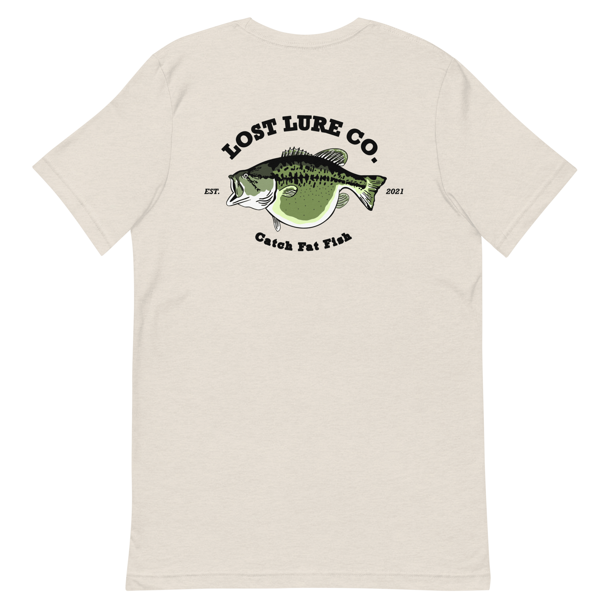 Bass fishing shirt. It has a drawing of a fat bass and it reads “lost lure co, catch fat fish”. The bass design is on the back, the lost lure logo is on the front. Tan shirt, back side