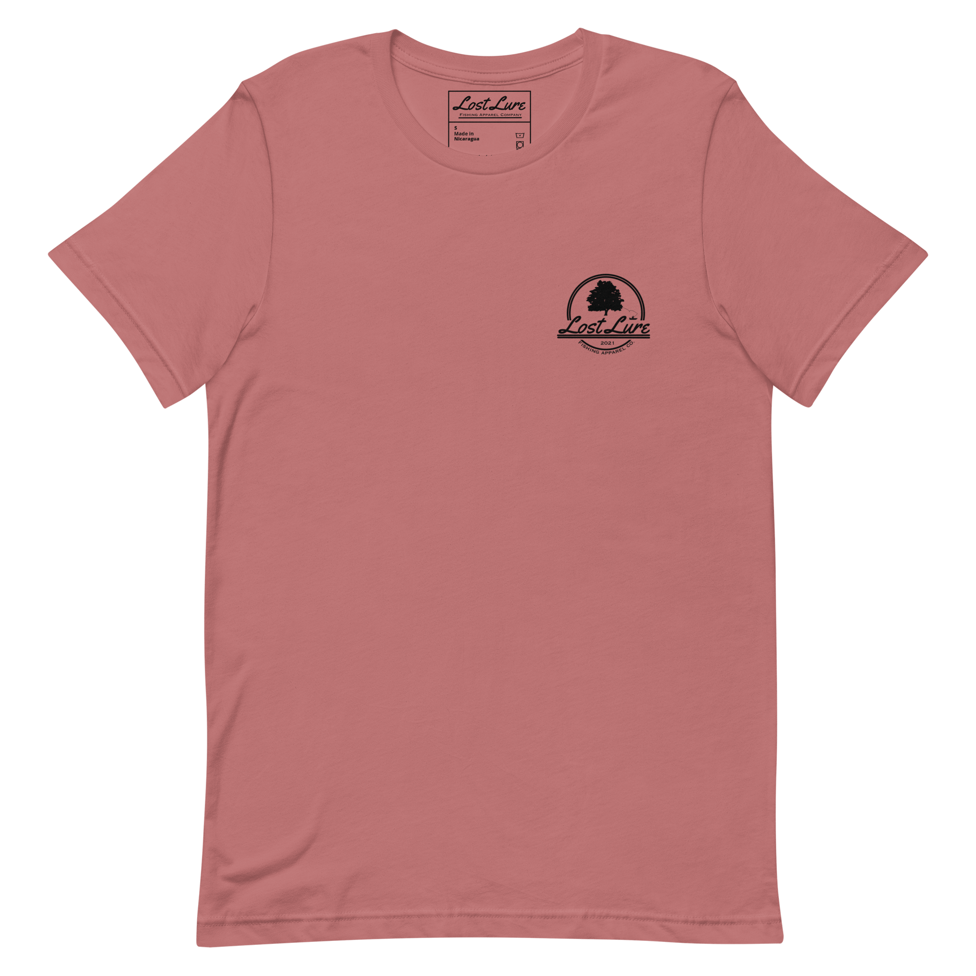 Bass fishing shirt. It has a drawing of a fat bass and it reads “lost lure co, catch fat fish”. The bass design is on the back, the lost lure logo is on the front.  Mauve shirt, front side