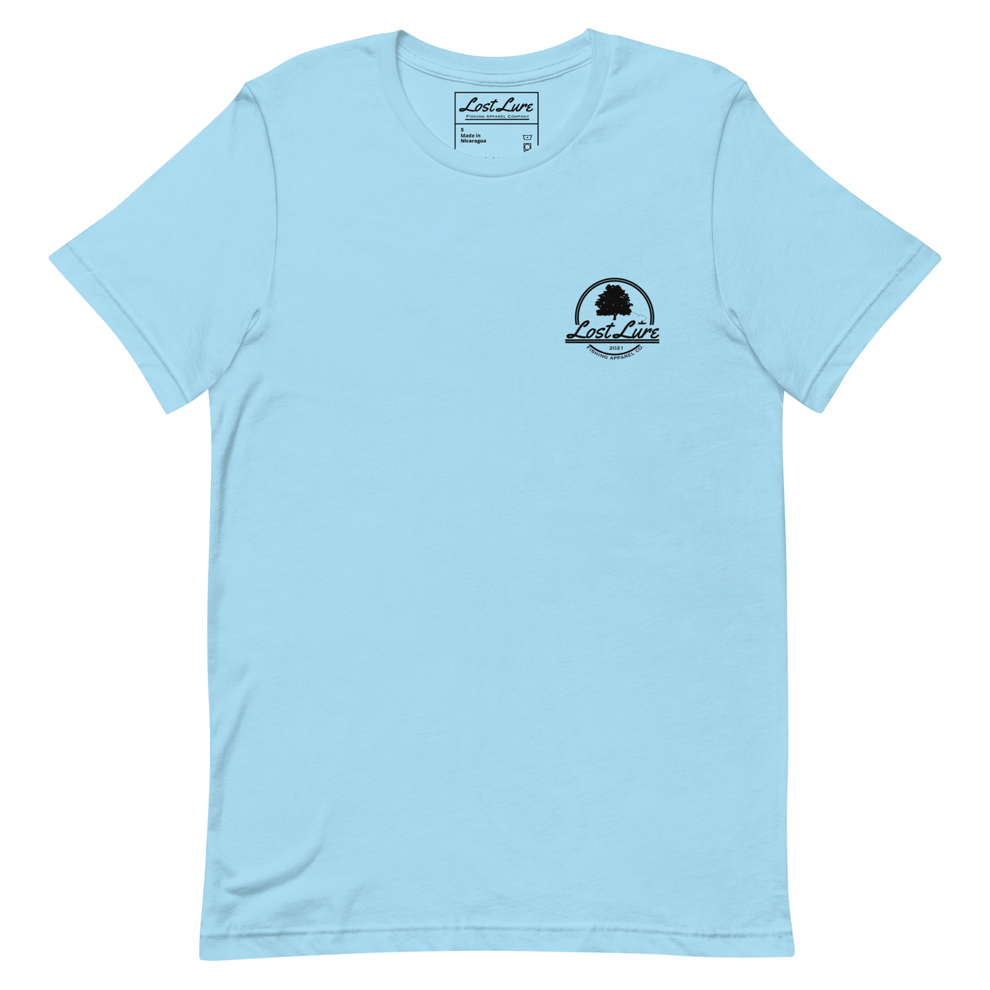 Bass fishing shirt. It has a drawing of a fat bass and it reads “lost lure co, catch fat fish”. The bass design is on the back, the lost lure logo is on the front. Baby blue shirt, front side