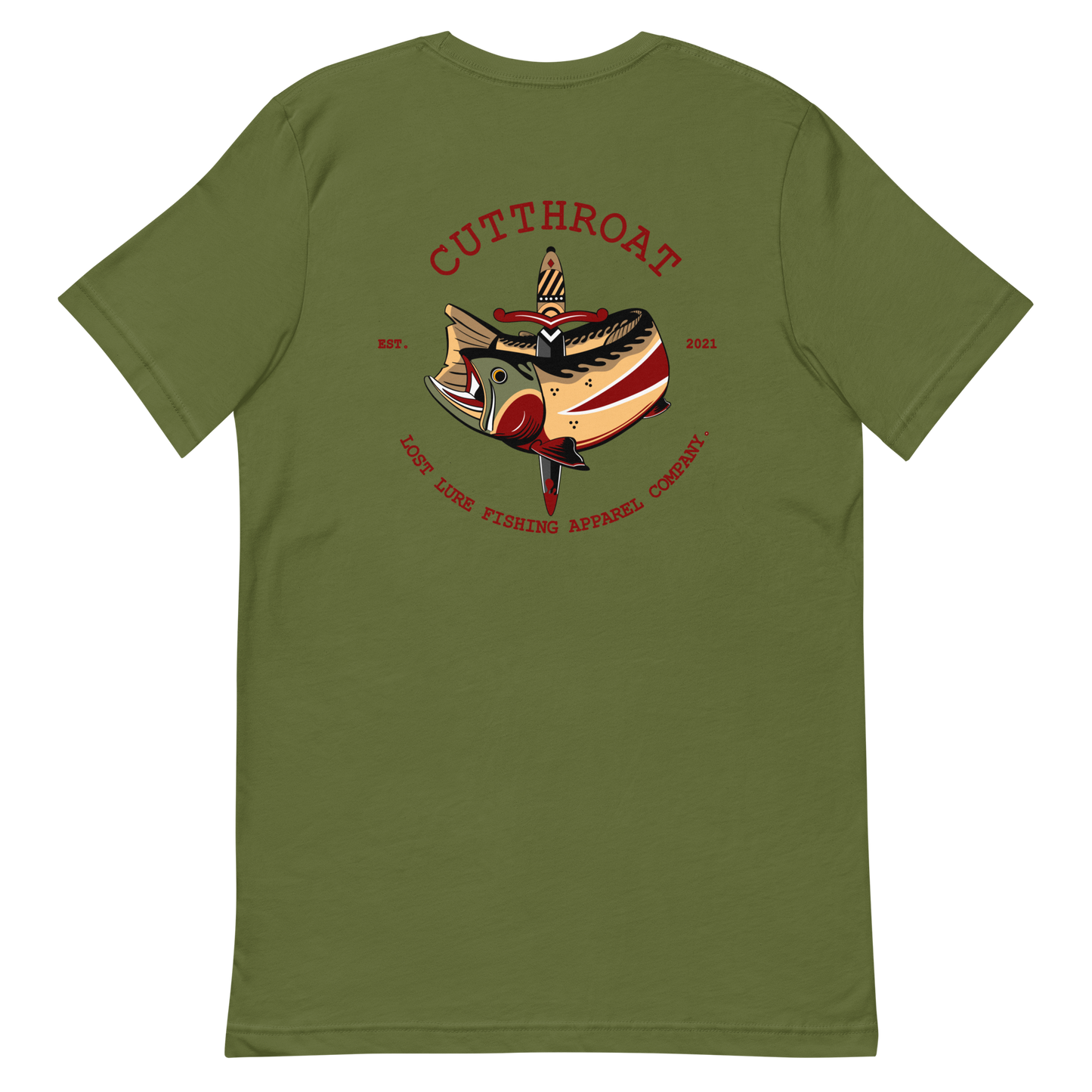 Cutthroat Trout fishing shirt. It’s an American traditional style design with a cutthroat trout and a dagger. The shirt reads Cutthroat trout, est. 2021, lost lure fishing apparel company. The front of the shirt has the lost lure logo. Green, back side