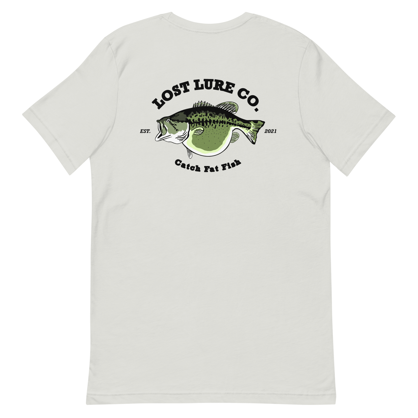 Bass fishing shirt. It has a drawing of a fat bass and it reads “lost lure co, catch fat fish”. The bass design is on the back, the lost lure logo is on the front. Silver colored shirt, back side