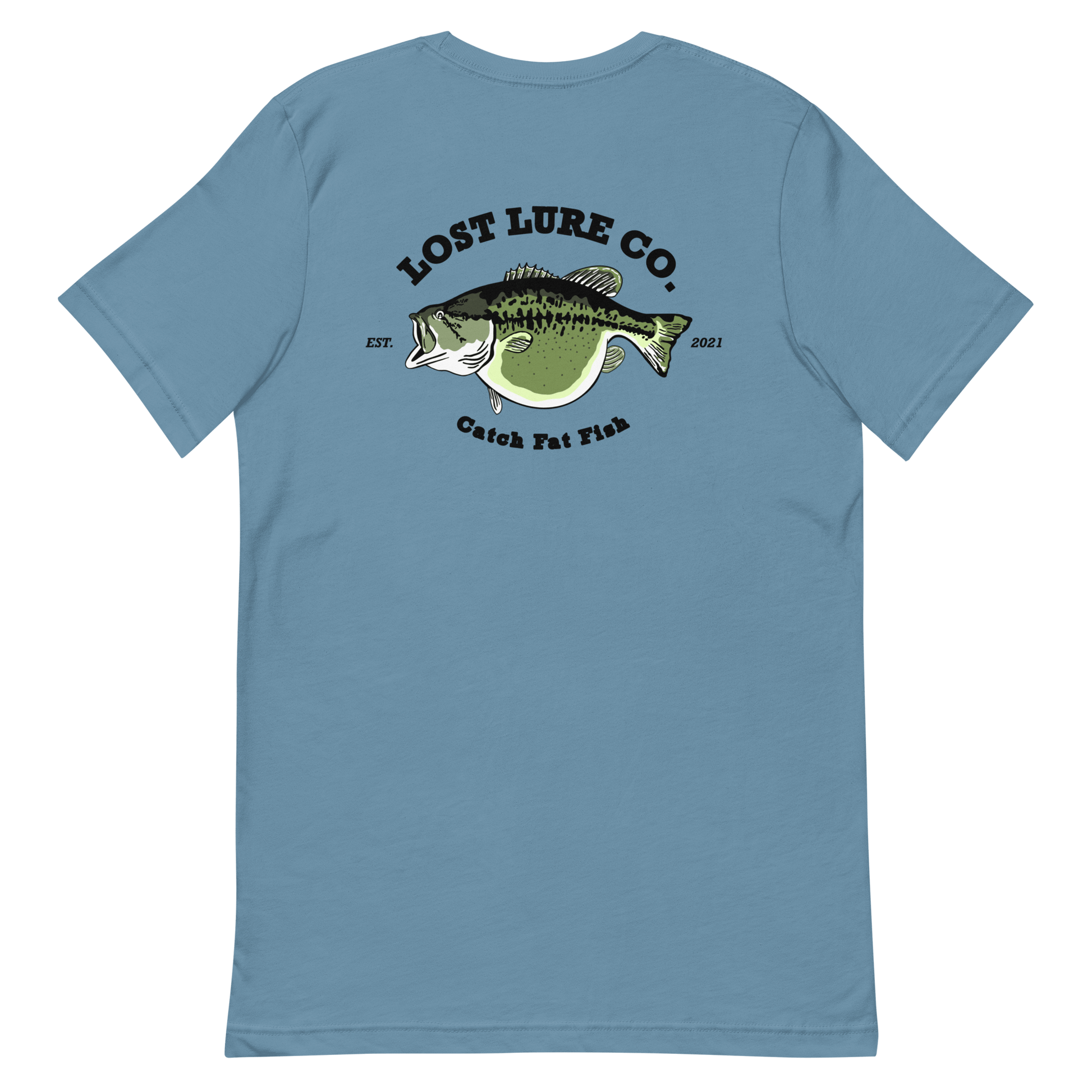 Bass fishing shirt. It has a drawing of a fat bass and it reads “lost lure co, catch fat fish”. The bass design is on the back, the lost lure logo is on the front. Steel blue shirt, back side