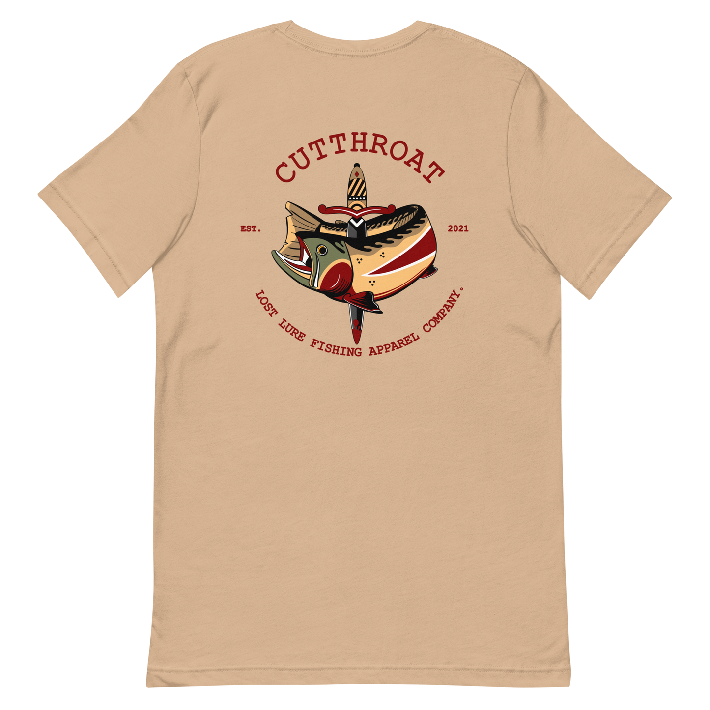 Cutthroat Trout fishing shirt. It’s an American traditional style design with a cutthroat trout and a dagger. The shirt reads Cutthroat trout, est. 2021, lost lure fishing apparel company. The front of the shirt has the lost lure logo. Light brown fishing shirt, back side