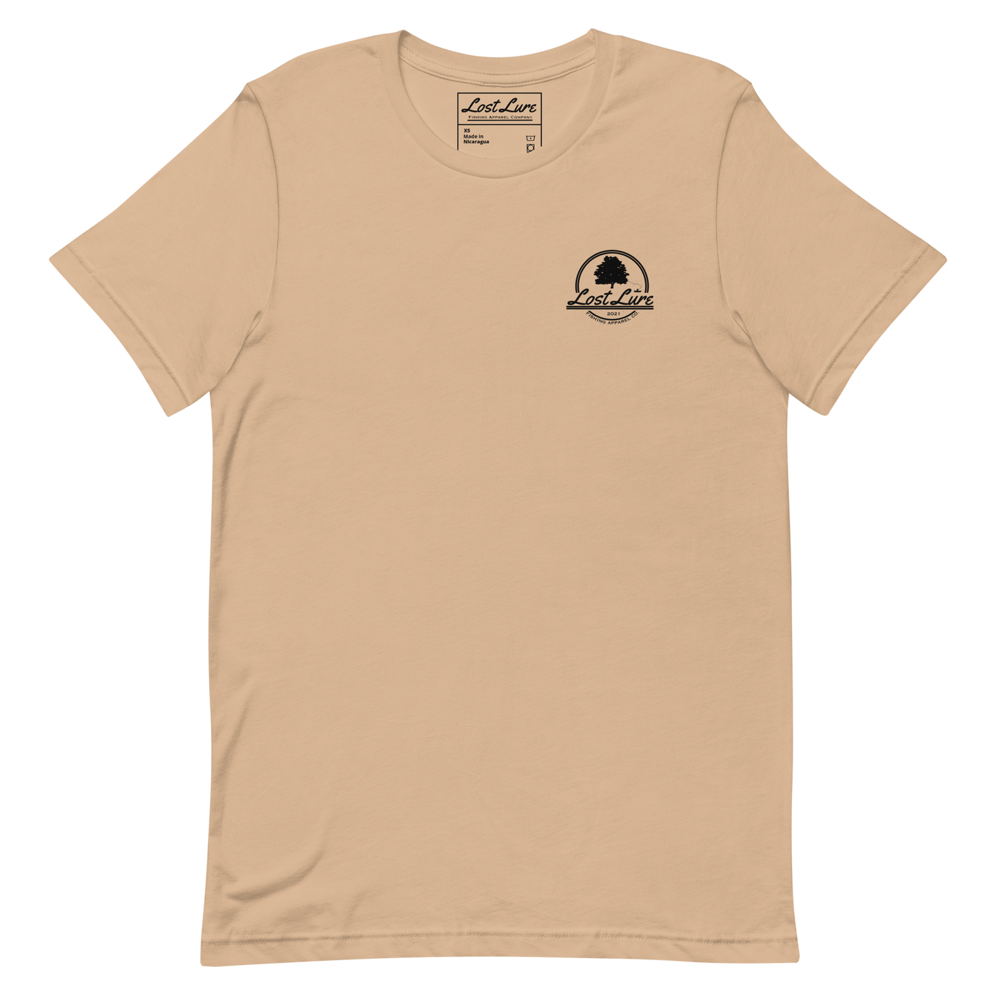 Cutthroat Trout fishing shirt. It’s an American traditional style design with a cutthroat trout and a dagger. The shirt reads Cutthroat trout, est. 2021, lost lure fishing apparel company. The front of the shirt has the lost lure logo. Light brown fishing shirt, front side