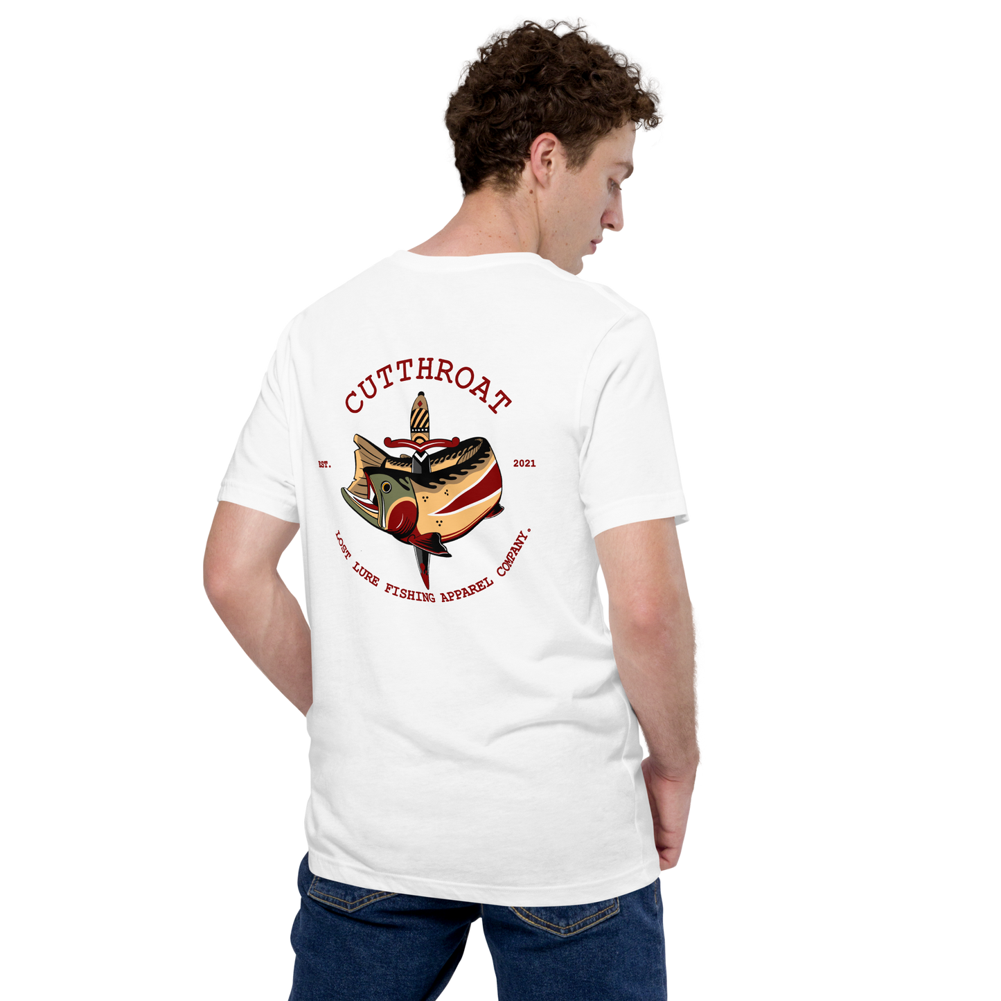Cutthroat Trout fishing shirt. It’s an American traditional style design with a cutthroat trout and a dagger. The shirt reads Cutthroat trout, est. 2021, lost lure fishing apparel company. The front of the shirt has the lost lure logo. White fishing shirt, model wearing shirt, back side