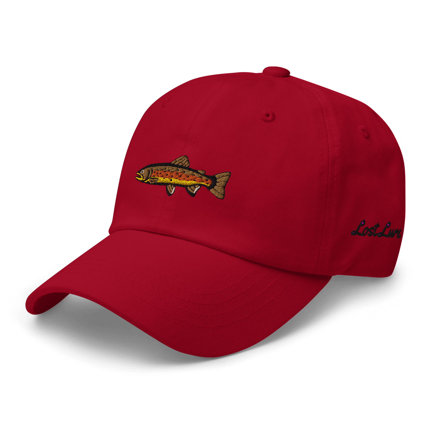 Brown Trout fishing hat. It’s a simple embroidered hat/ dad hat with a brown trout and the lost lure logo on the side. red hat, front left side